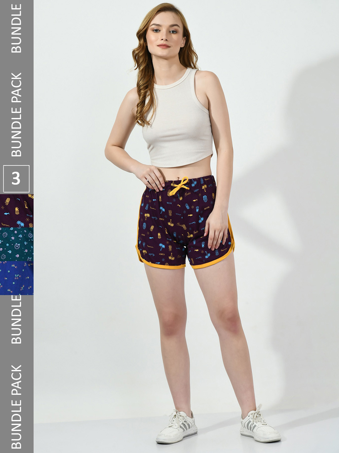 

BAESD Women Pack Of 3 Conversational Printed Mid-Rise Pure Cotton Shorts, Navy blue