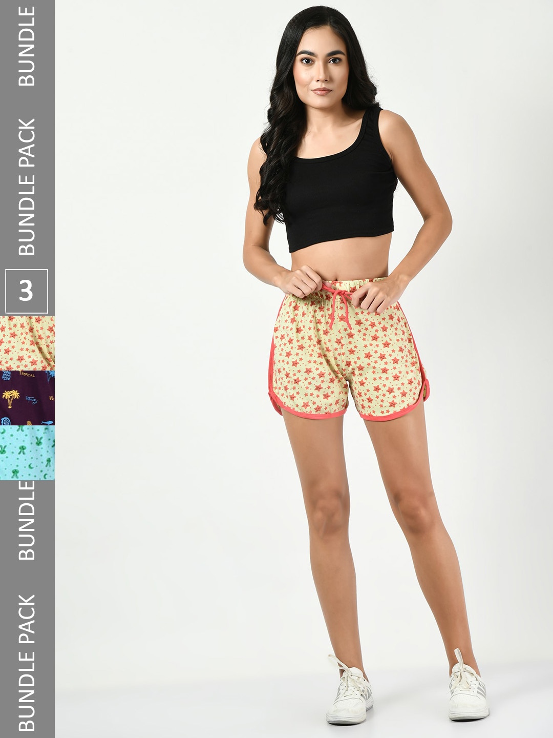 

BAESD Women Pack Of 3 Printed Pure Cotton Hot Pants Shorts, Beige