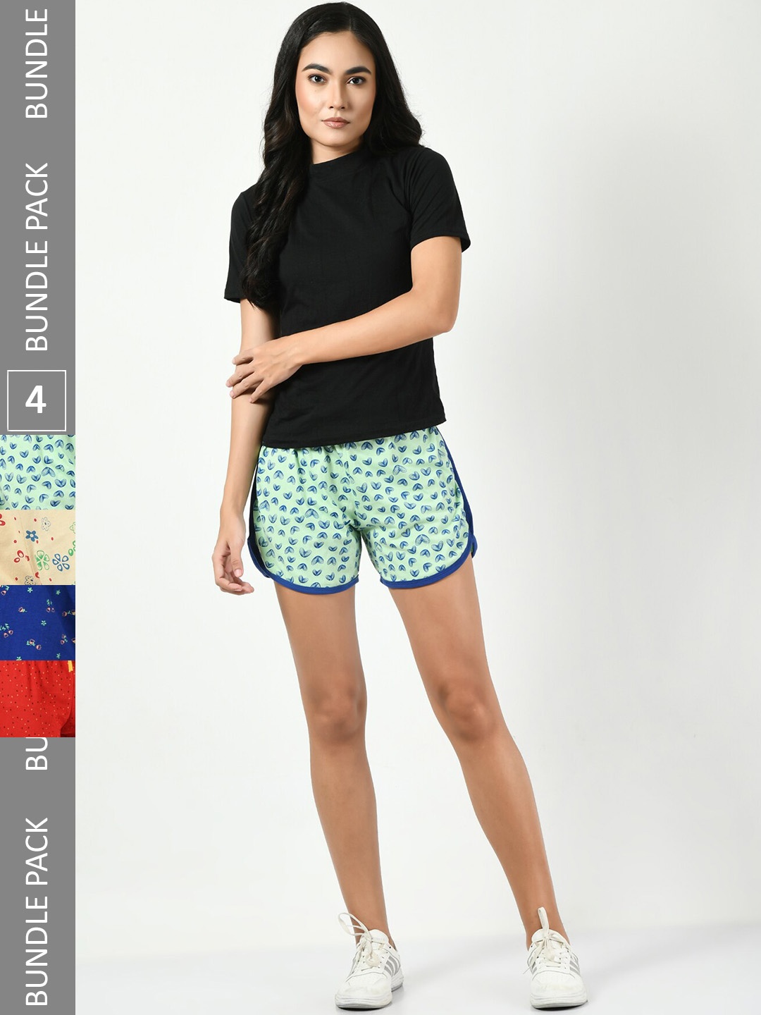 

BAESD Women Pack Of 4 Floral Printed Mid-Rise Pure Cotton Shorts, Green