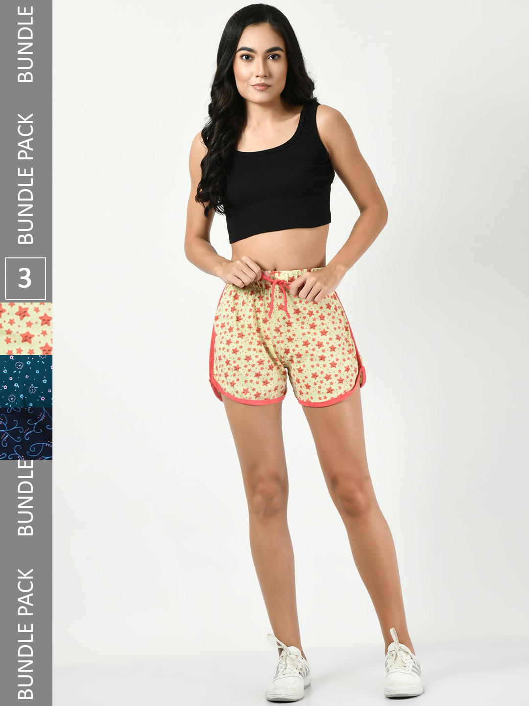 

BAESD Women Pack Of 3 Printed Pure Cotton Hot Pants Shorts, Beige