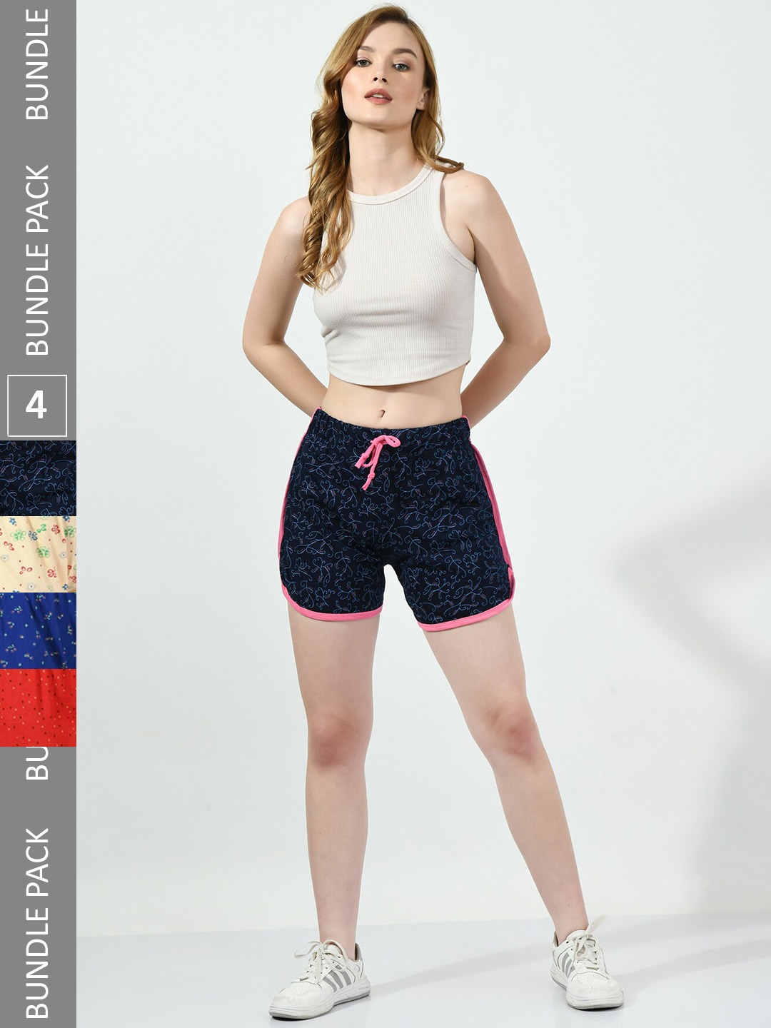 

BAESD Women Pack Of 4 Printed Pure Cotton High-Rise Regular Shorts, Navy blue