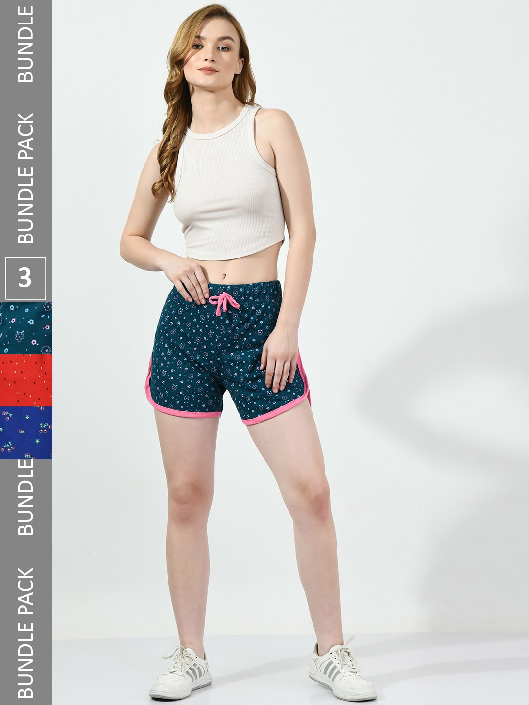 

BAESD Women Pack Of 3 Conversational Printed High-Rise Pure Cotton Shorts, Green