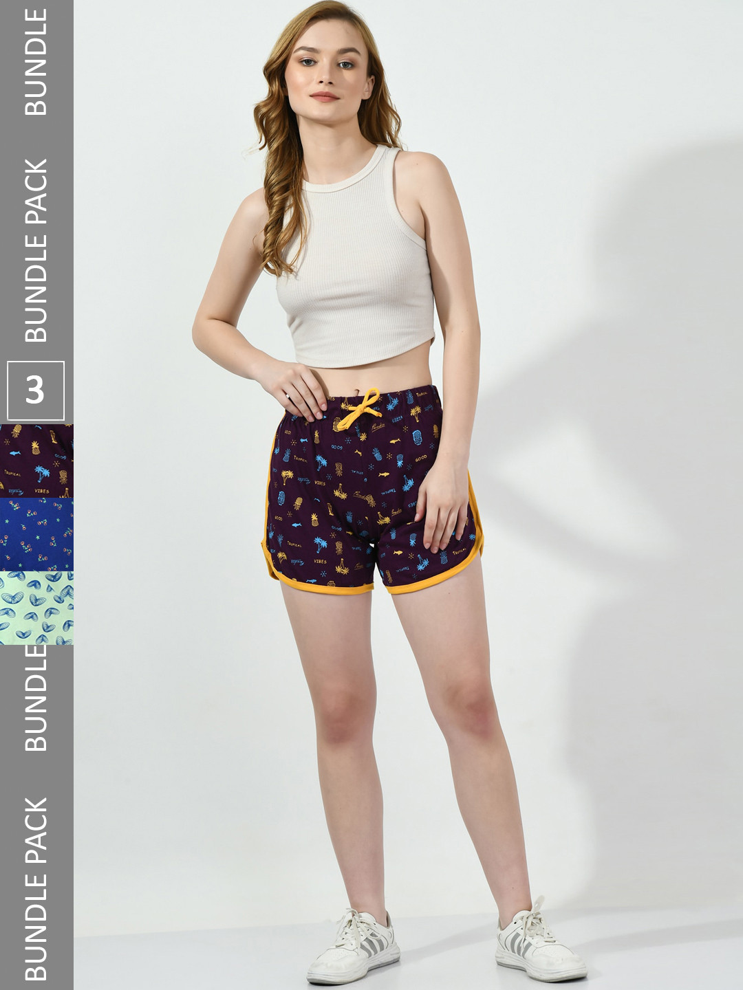 

BAESD Women Pack Of 3 Conversational Printed High-Rise Pure Cotton Shorts, Purple