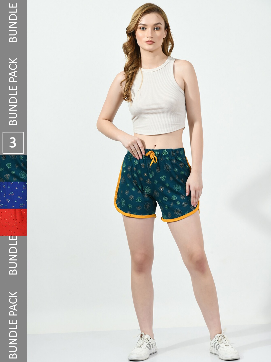 

BAESD Women Pack Of 3 Printed Pure Cotton High-Rise Regular Shorts, Teal