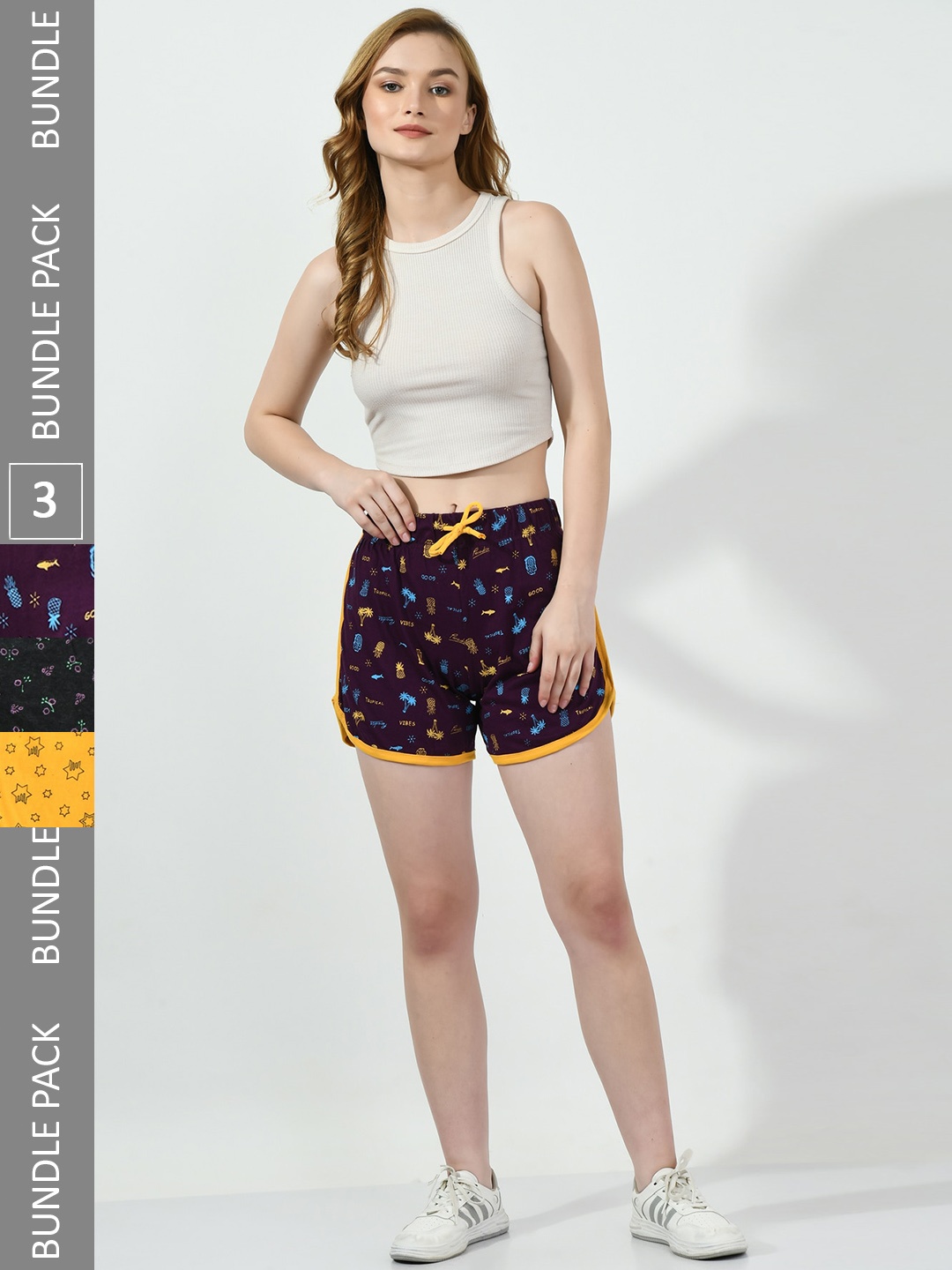 

BAESD Women Pack Of 3 Conversational Printed High-Rise Pure Cotton Shorts, Purple
