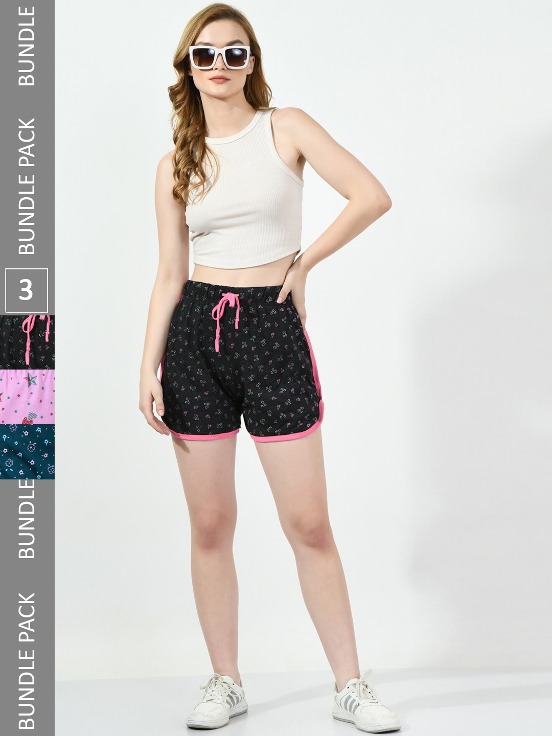 

BAESD Women Pack Of 3 Floral Printed Mid-Rise Pure Cotton Shorts, Black