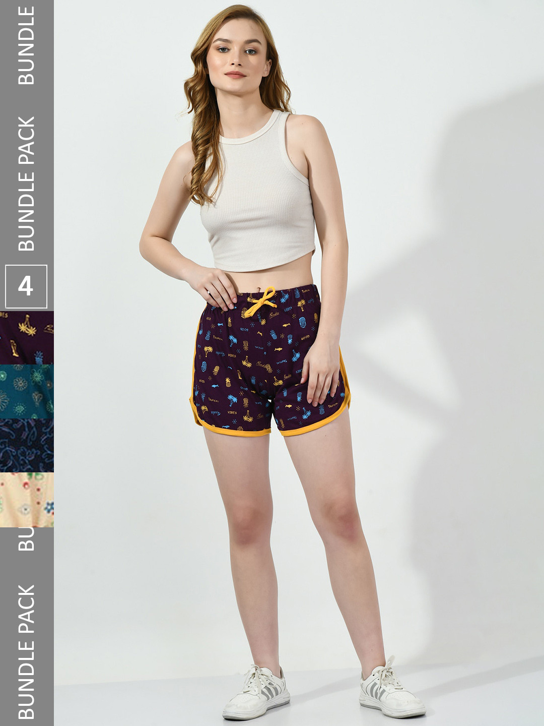 

BAESD Women Pack Of 4 Conversational Printed High-Rise Pure Cotton Regular Shorts, Purple