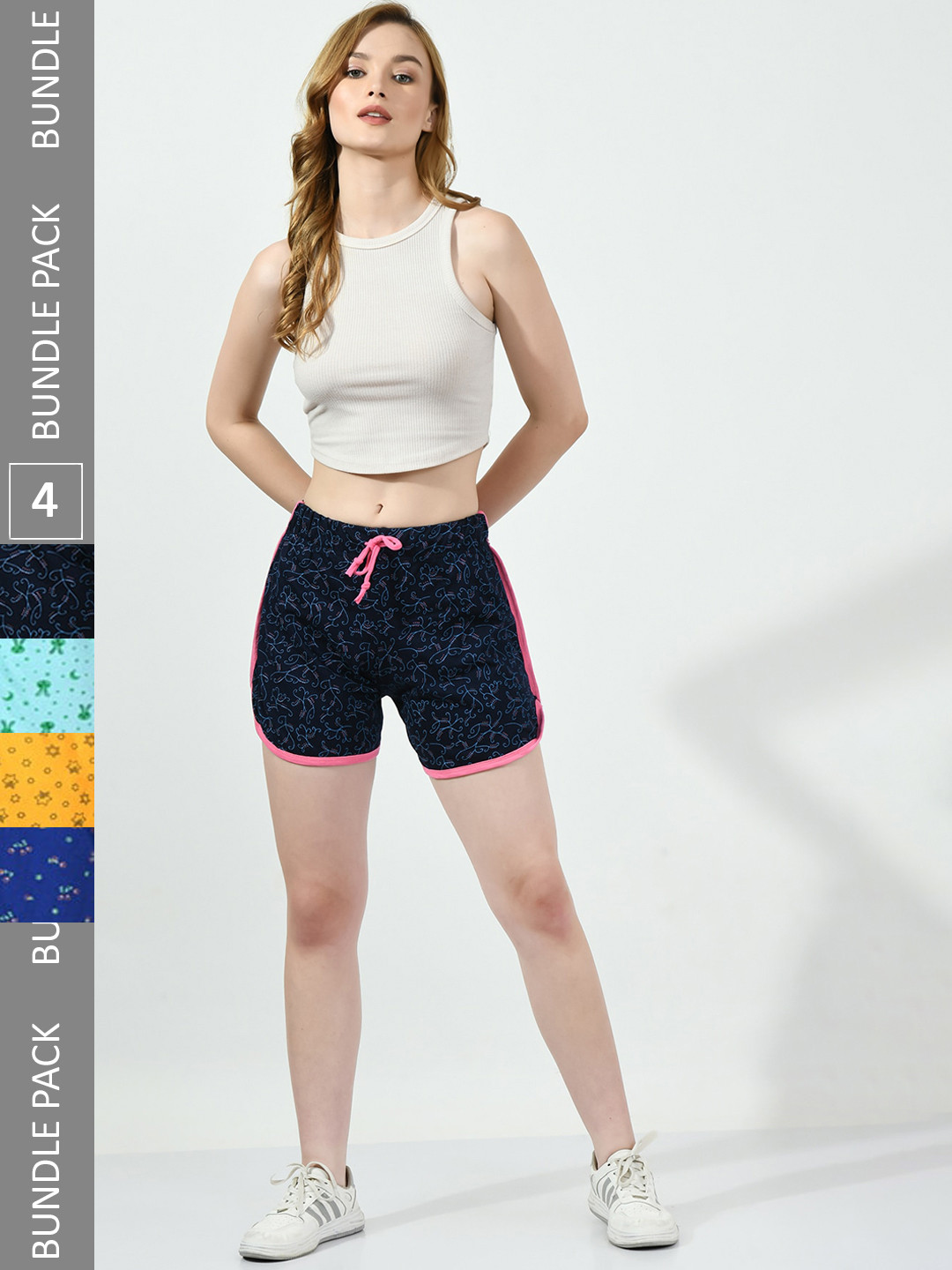 

BAESD Women Pack Of 4 Conversational Printed High-Rise Pure Cotton Regular Shorts, Navy blue