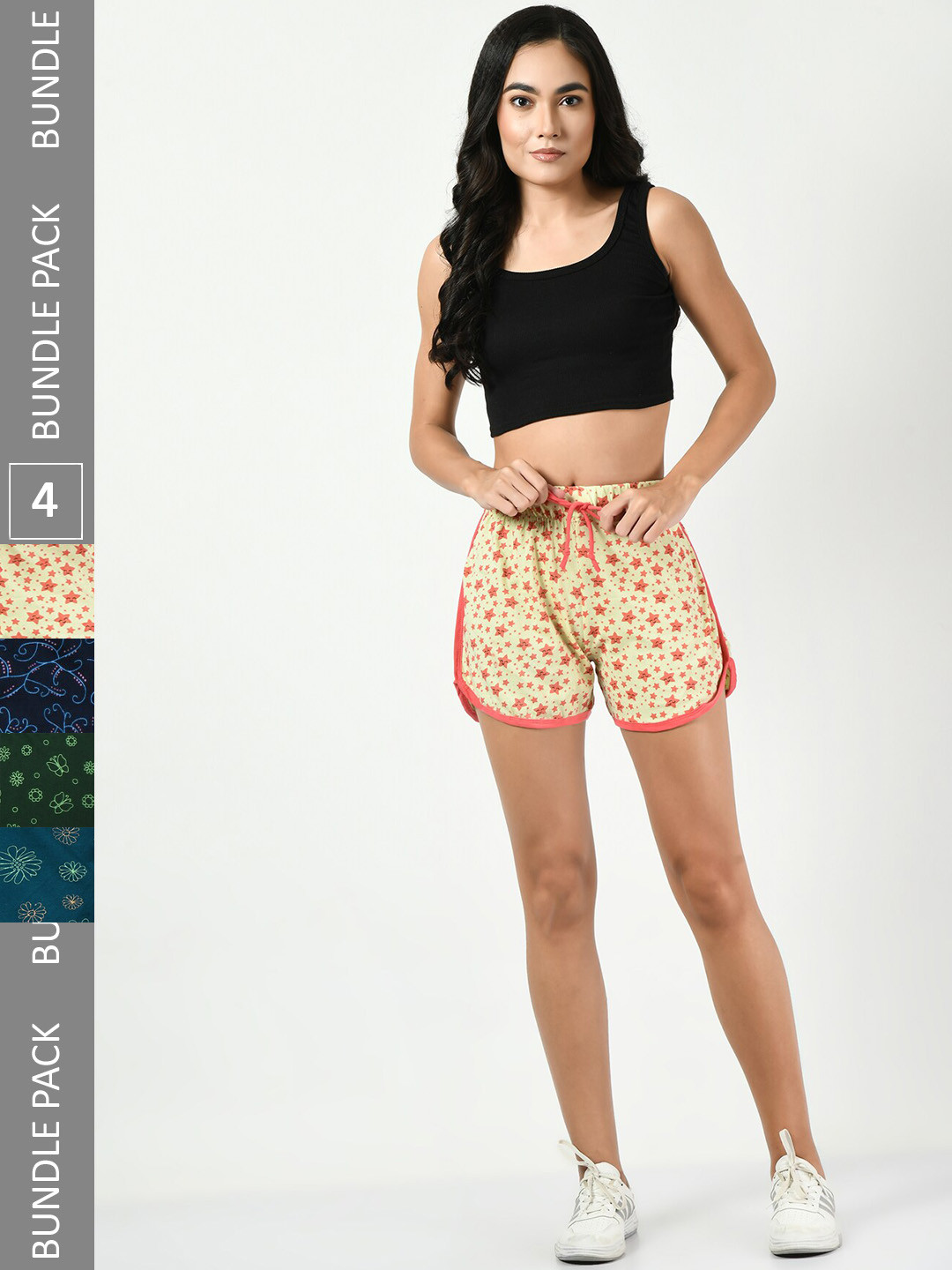 

BAESD Women Pack of 4 Conversational Printed High-Rise Pure Cotton Regular Shorts, Cream