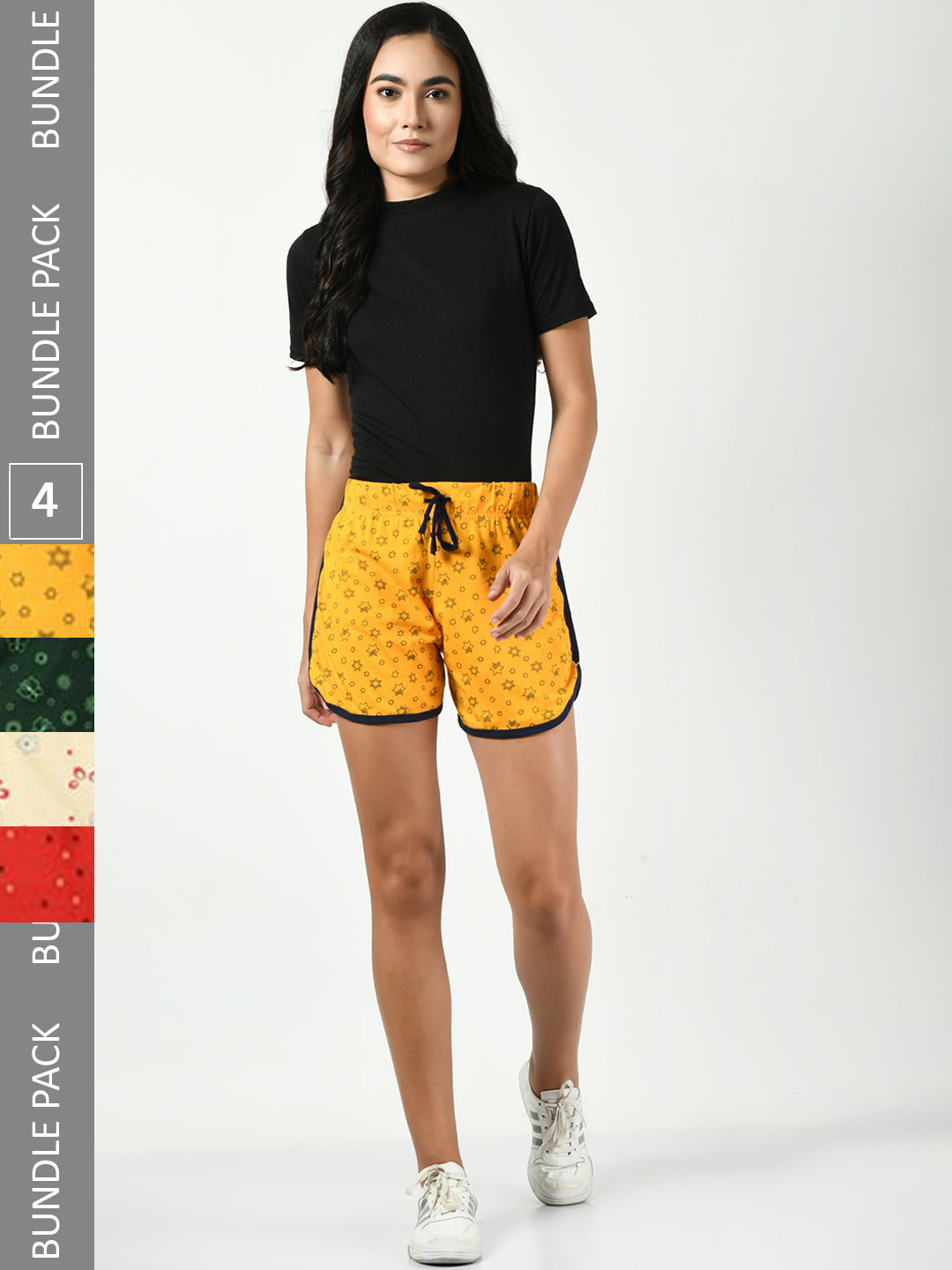 

BAESD Women Pack of 4 Conversational Printed High-Rise Pure Cotton Shorts, Yellow