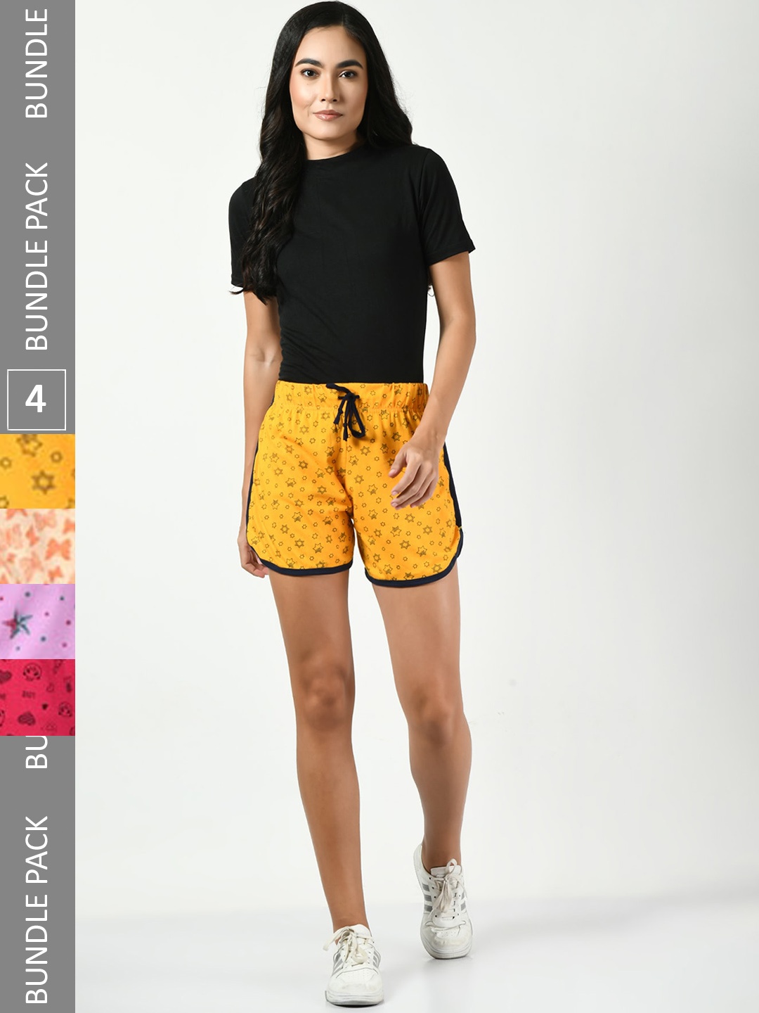

BAESD Women Pack Of 4 Conversational Printed High-Rise Pure Cotton Shorts, Mustard