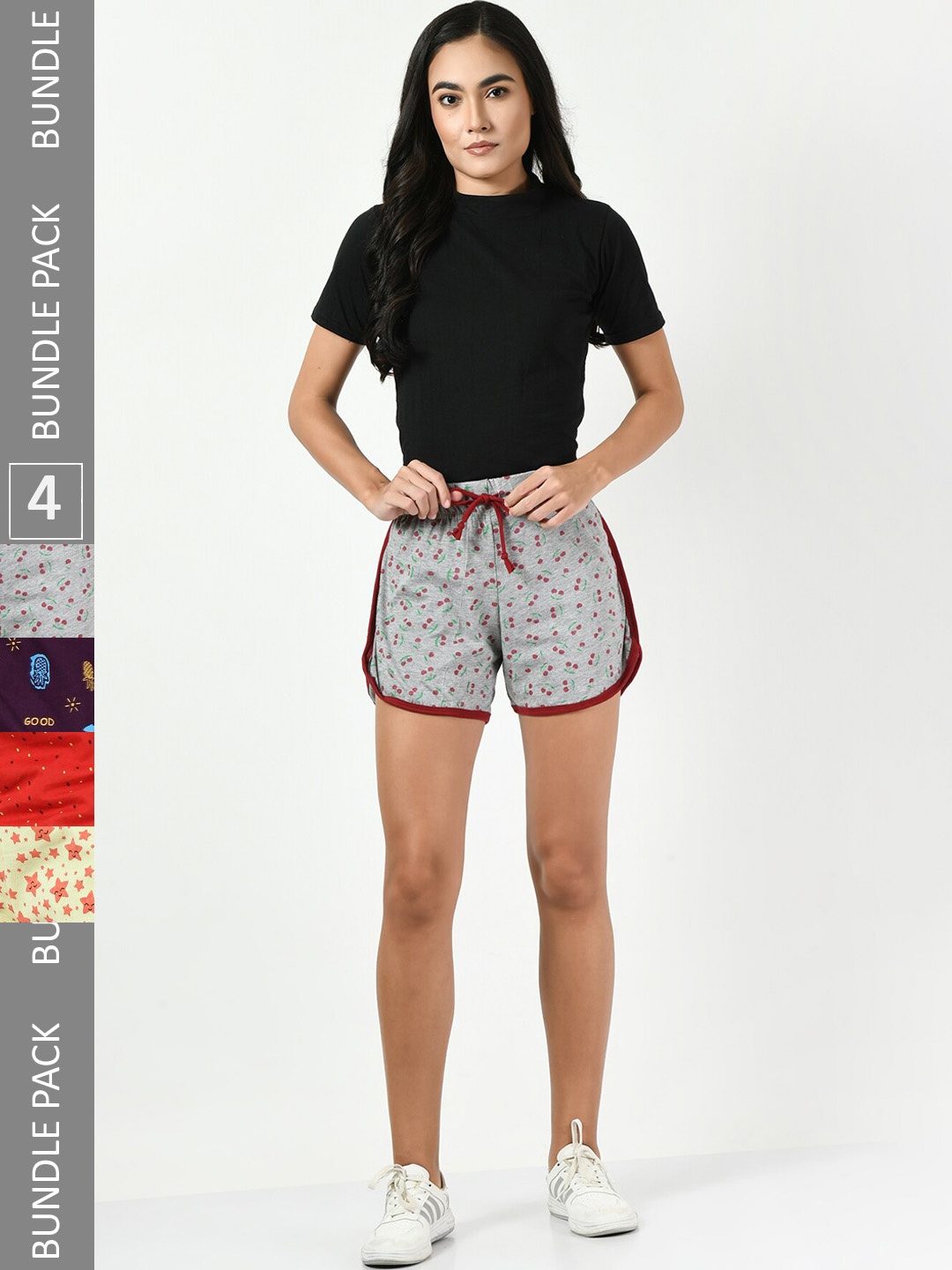 

BAESD Women Pack Of 4 Printed High-Rise Pure Cotton Shorts, Grey