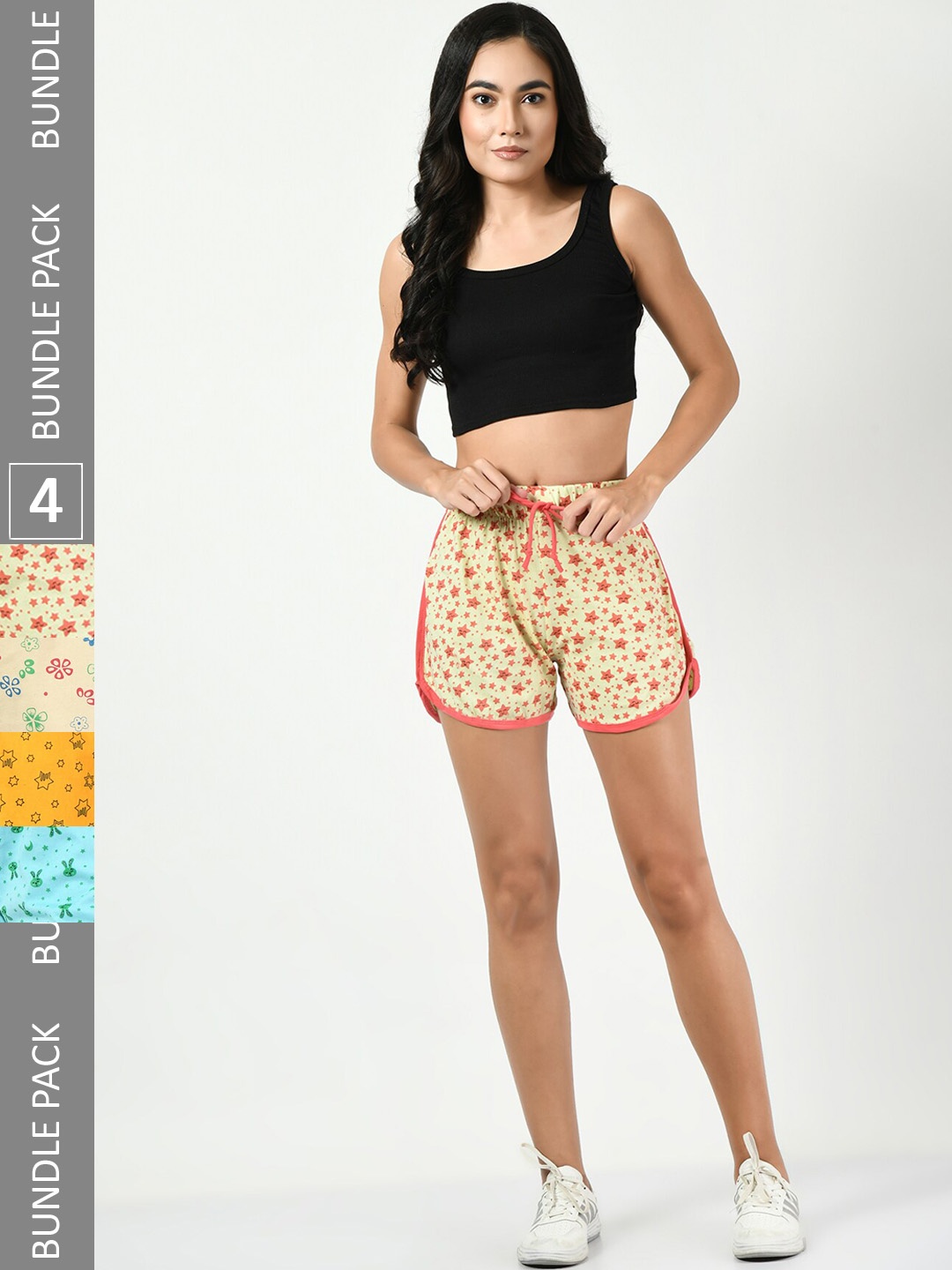 

BAESD Women Pack Of 4 Printed Pure Cotton High-Rise Shorts, Cream