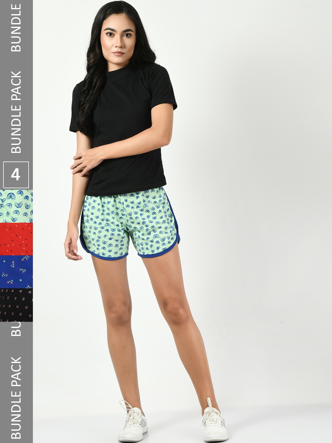 

BAESD Women Pack Of 4 Printed Pure Cotton High-Rise Shorts, Green