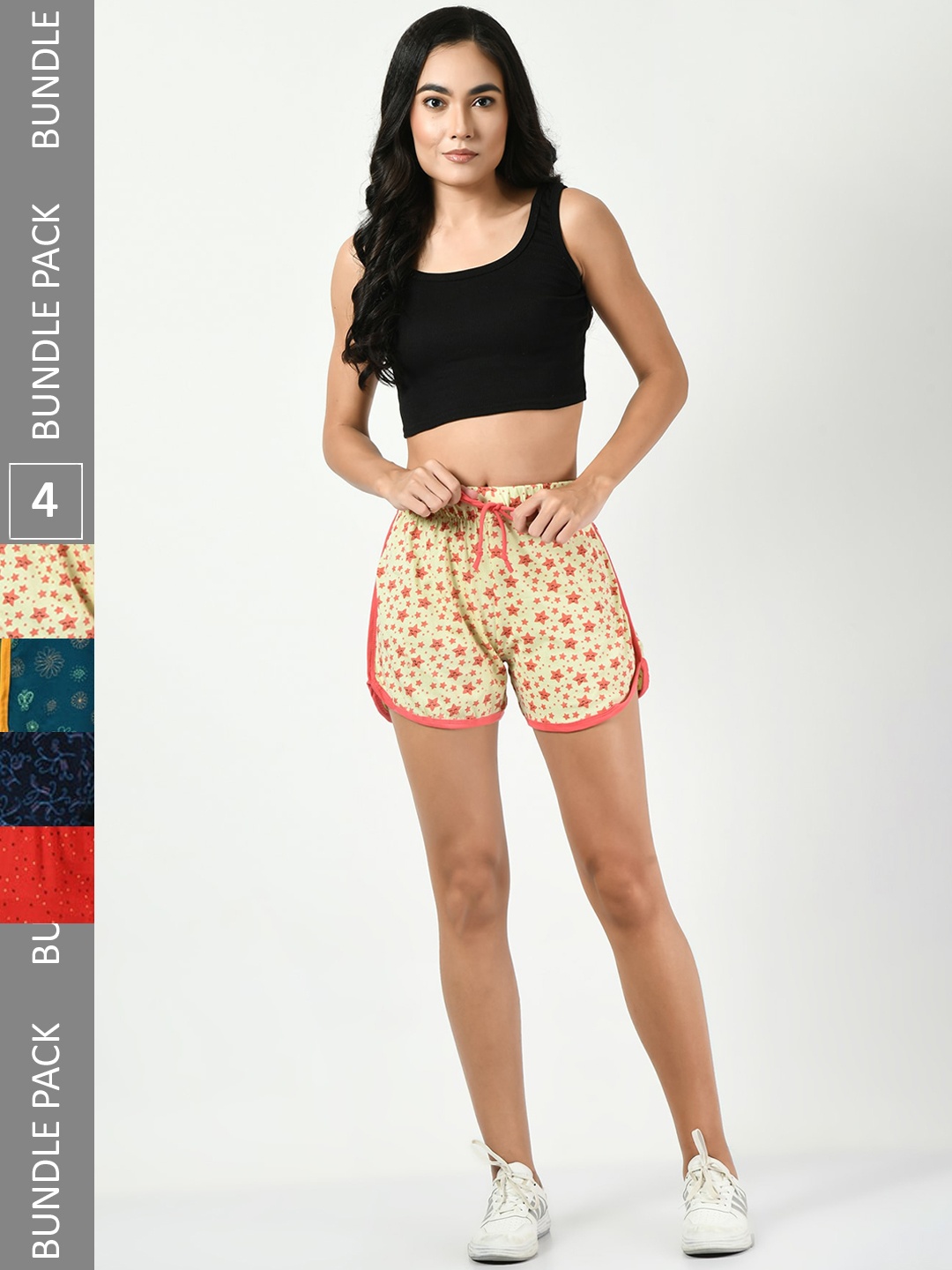 

BAESD Women Pack Of 4 Printed Pure Cotton High-Rise Shorts, Cream