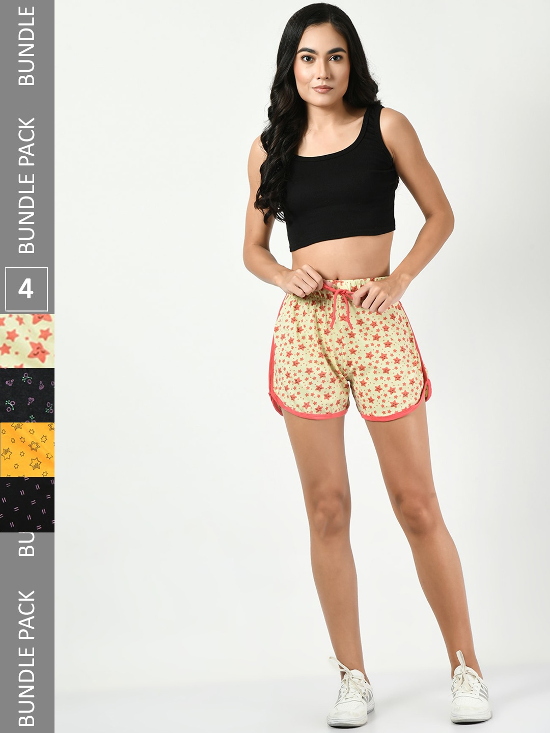 

BAESD Women Pack Of 4 Printed Pure Cotton High-Rise Shorts, Cream