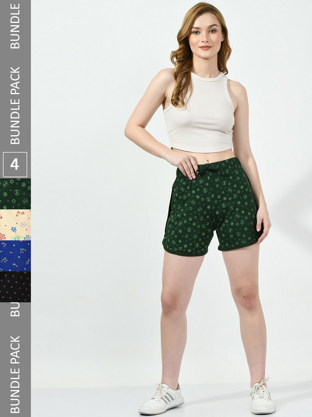 

BAESD Women Pack Of 4 Printed Cotton High-Rise Shorts, Green