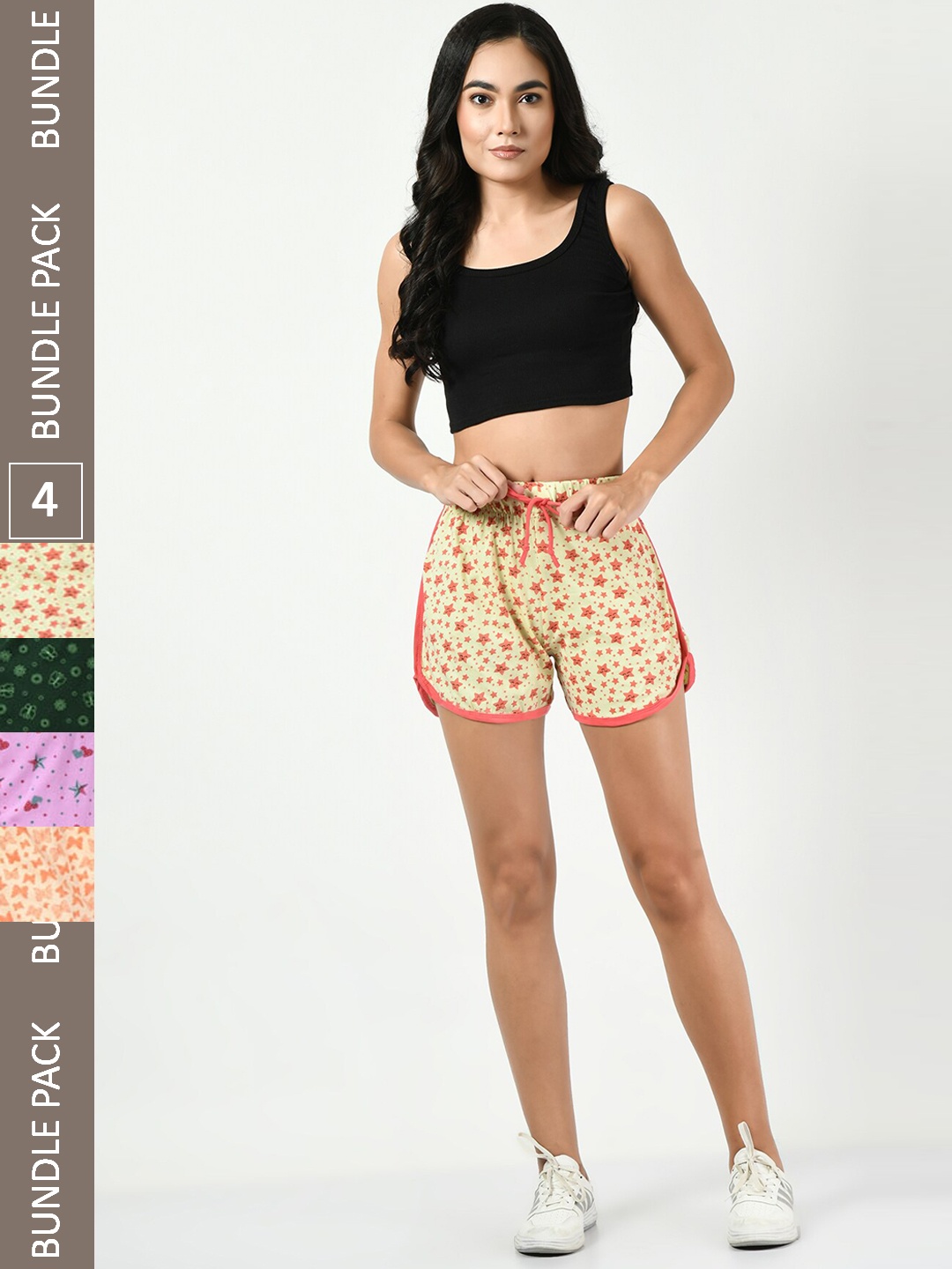 

BAESD Women Pack Of 4 Printed Cotton High-Rise Shorts, Yellow