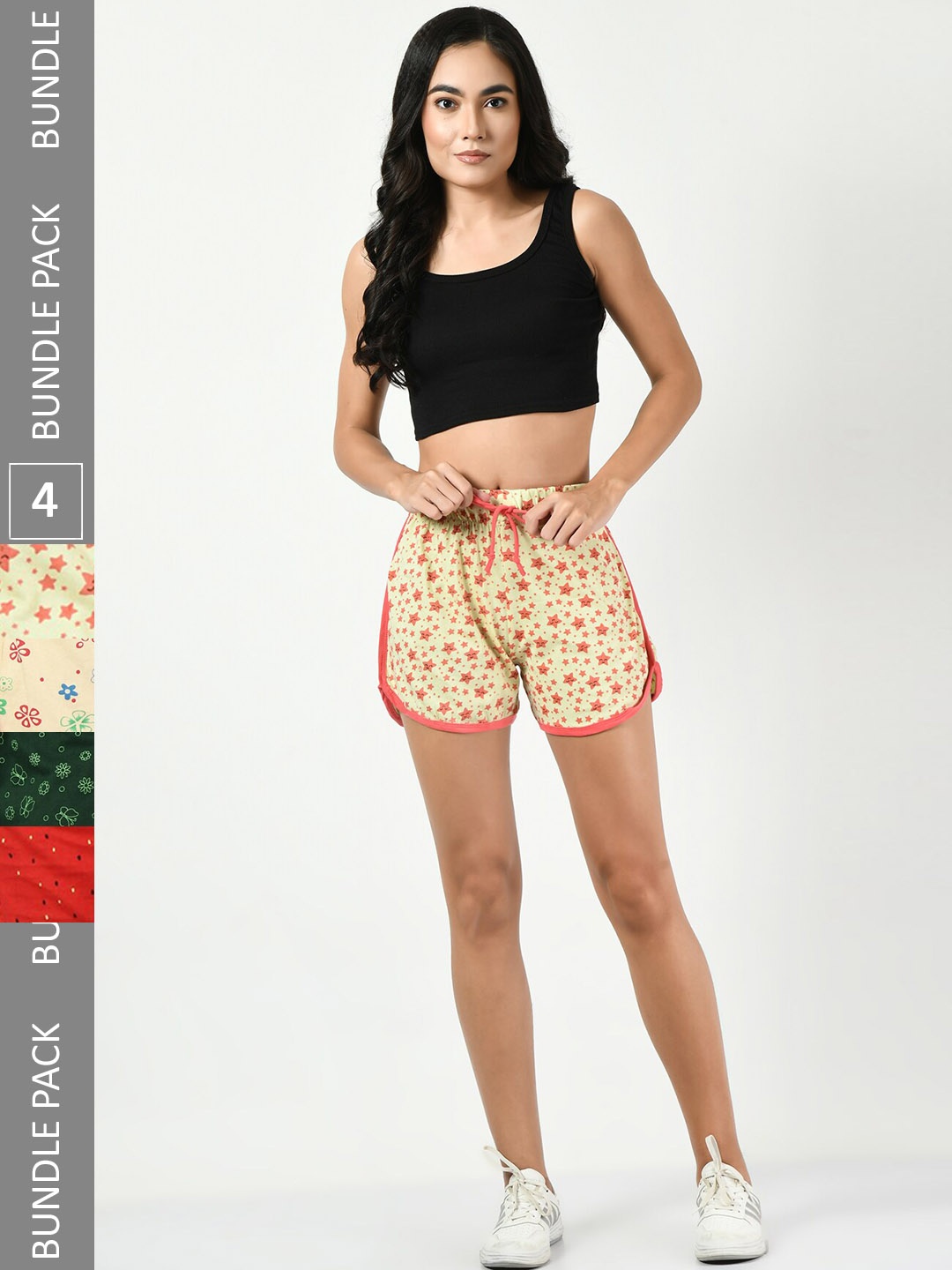

BAESD Women Pack Of 4 Printed Cotton High-Rise Shorts, Yellow