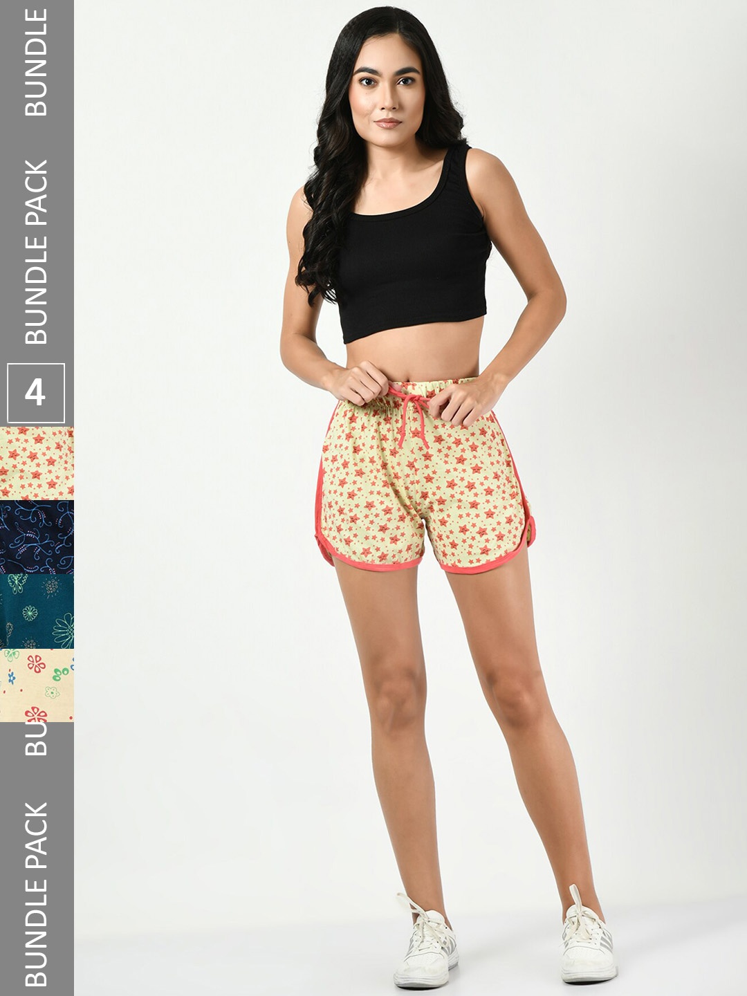 

BAESD Women Pack Of 4 Printed Cotton High-Rise Shorts, Yellow