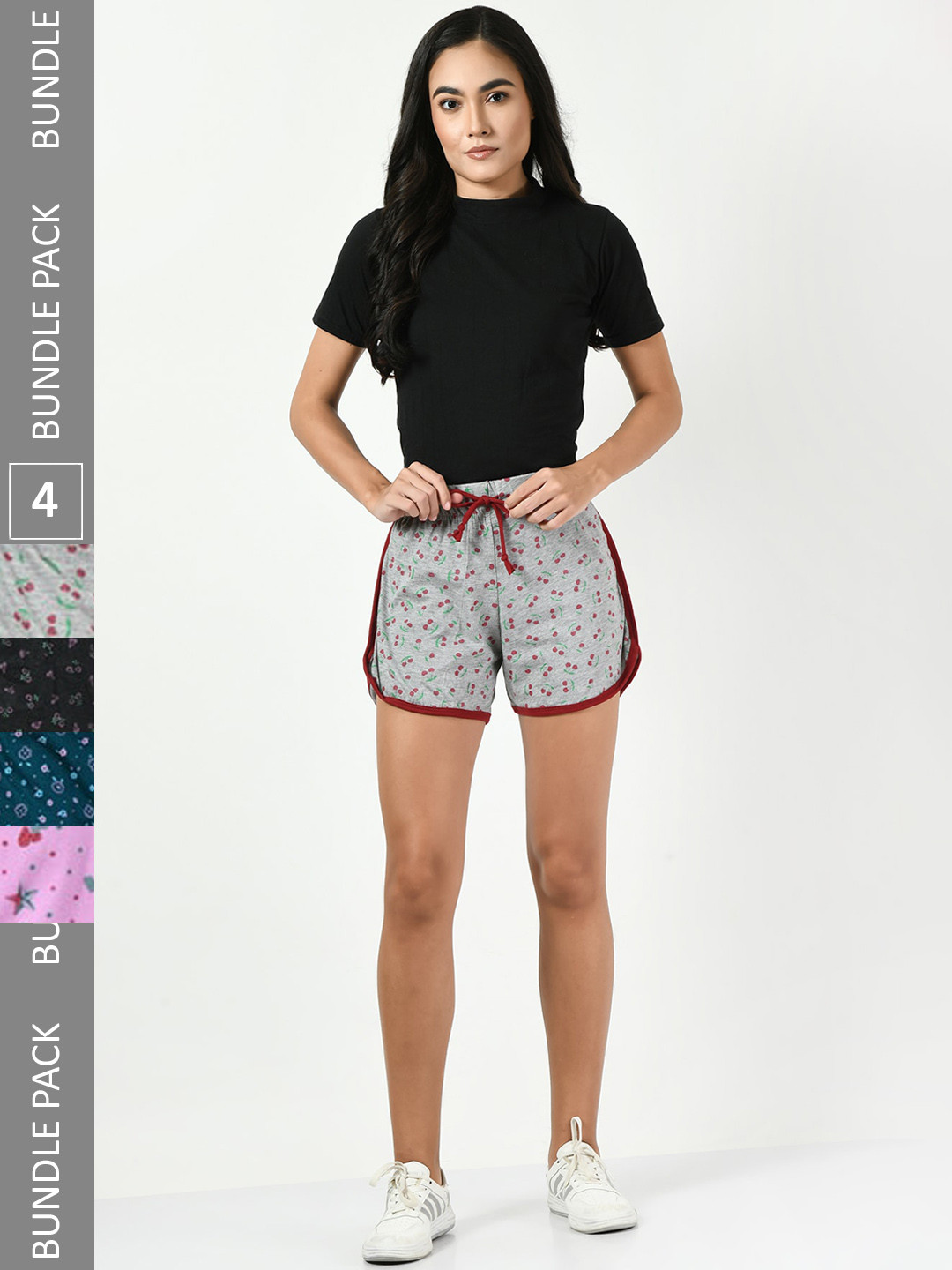 

BAESD Women Pack Of 4 Conversational Printed Pure Cotton High-Rise Shorts, Grey