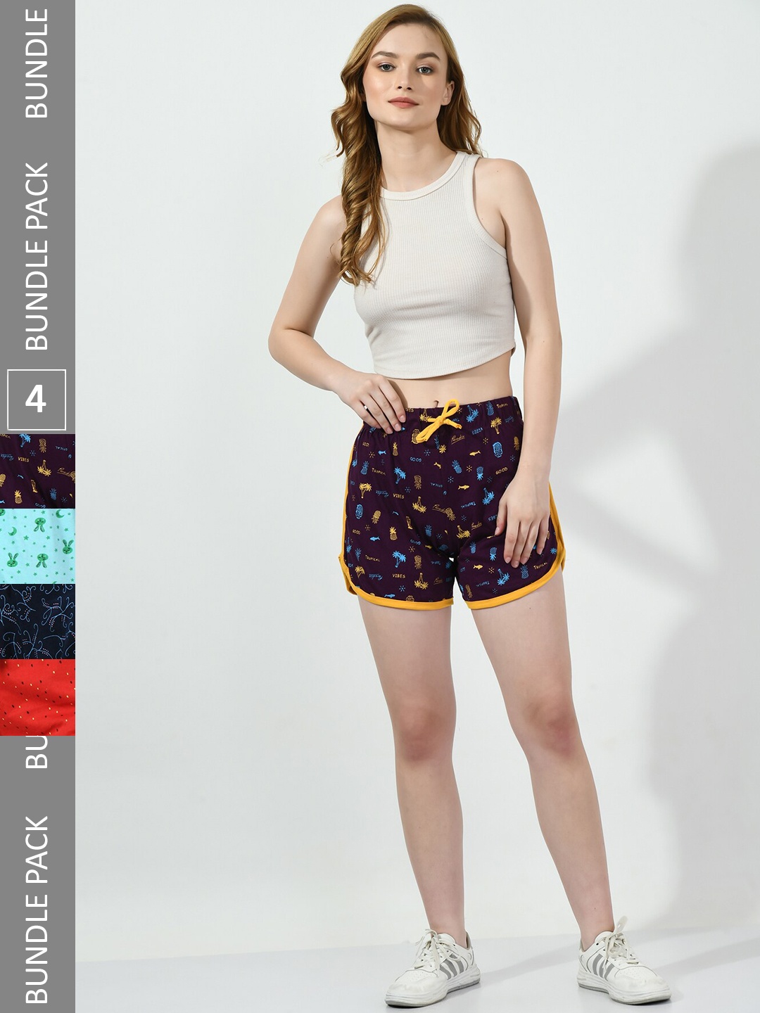 

BAESD Pack Of 4 Conversational Printed High-Rise Pure Cotton Shorts, Purple