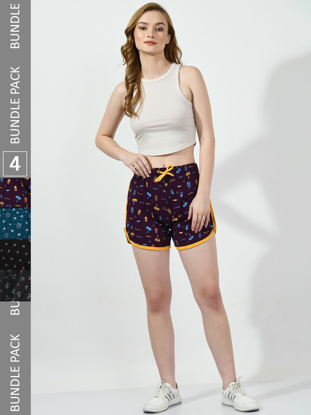 

BAESD Pack Of 4 Conversational Printed High-Rise Pure Cotton Shorts, Purple