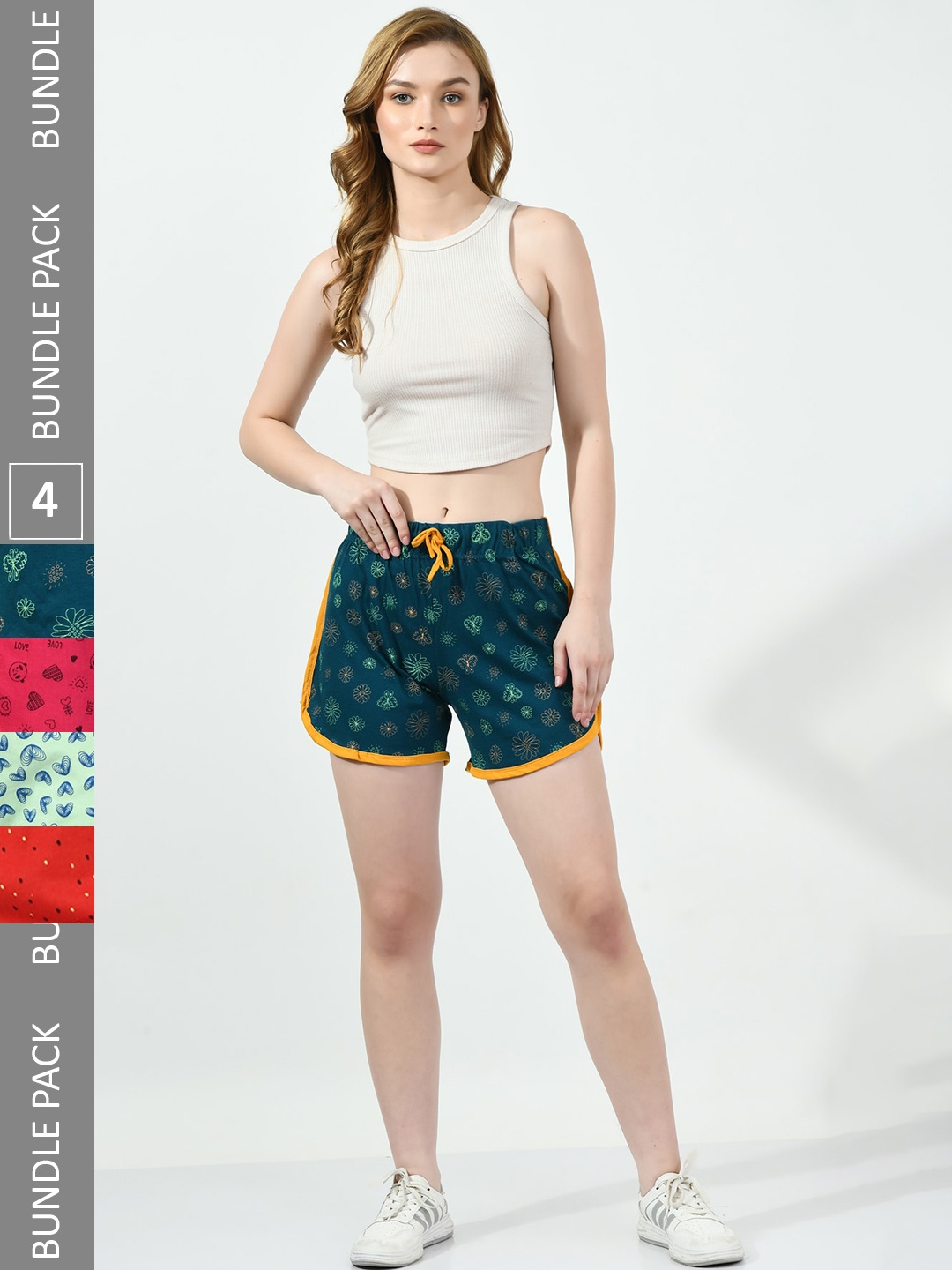 

BAESD Pack Of 4 Conversational Printed High-Rise Pure Cotton Shorts, Teal