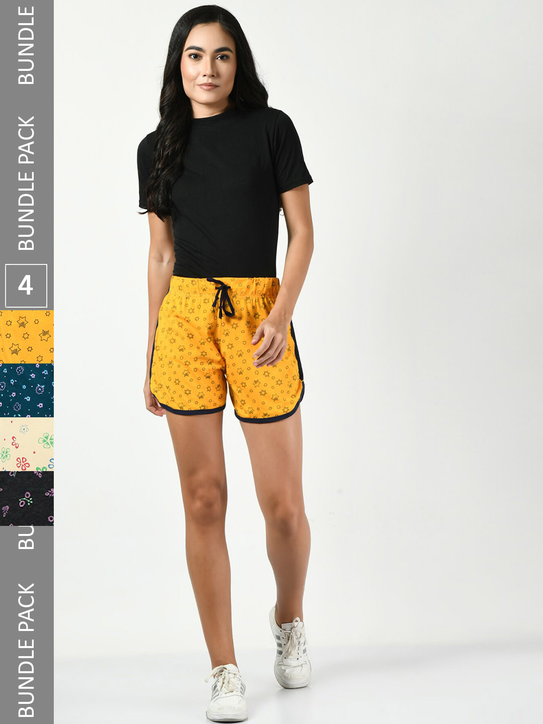 

BAESD Pack Of 4 Conversational Printed High-Rise Pure Cotton Shorts, Yellow