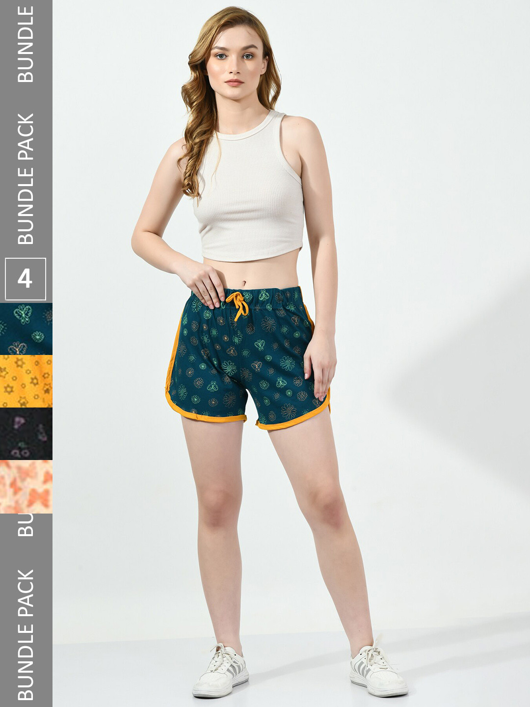 

BAESD Pack Of 4 Conversational Printed High-Rise Pure Cotton Shorts, Teal