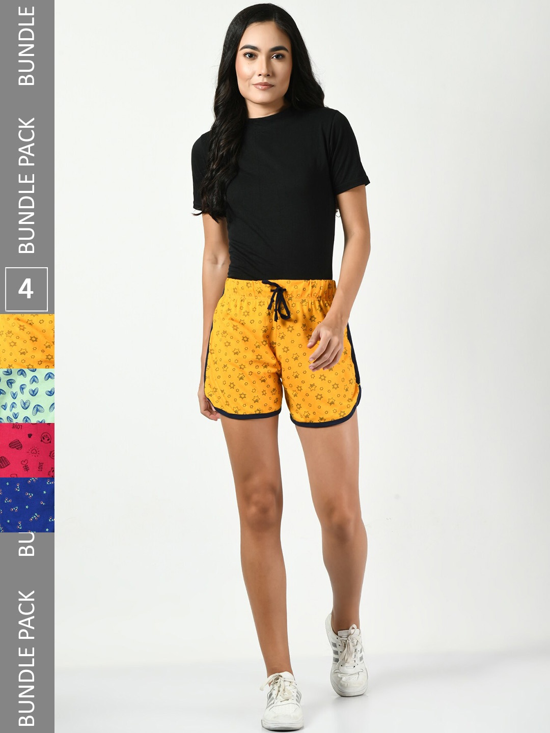 

BAESD Women Pack of 4 Printed High-Rise Cotton Shorts, Mustard