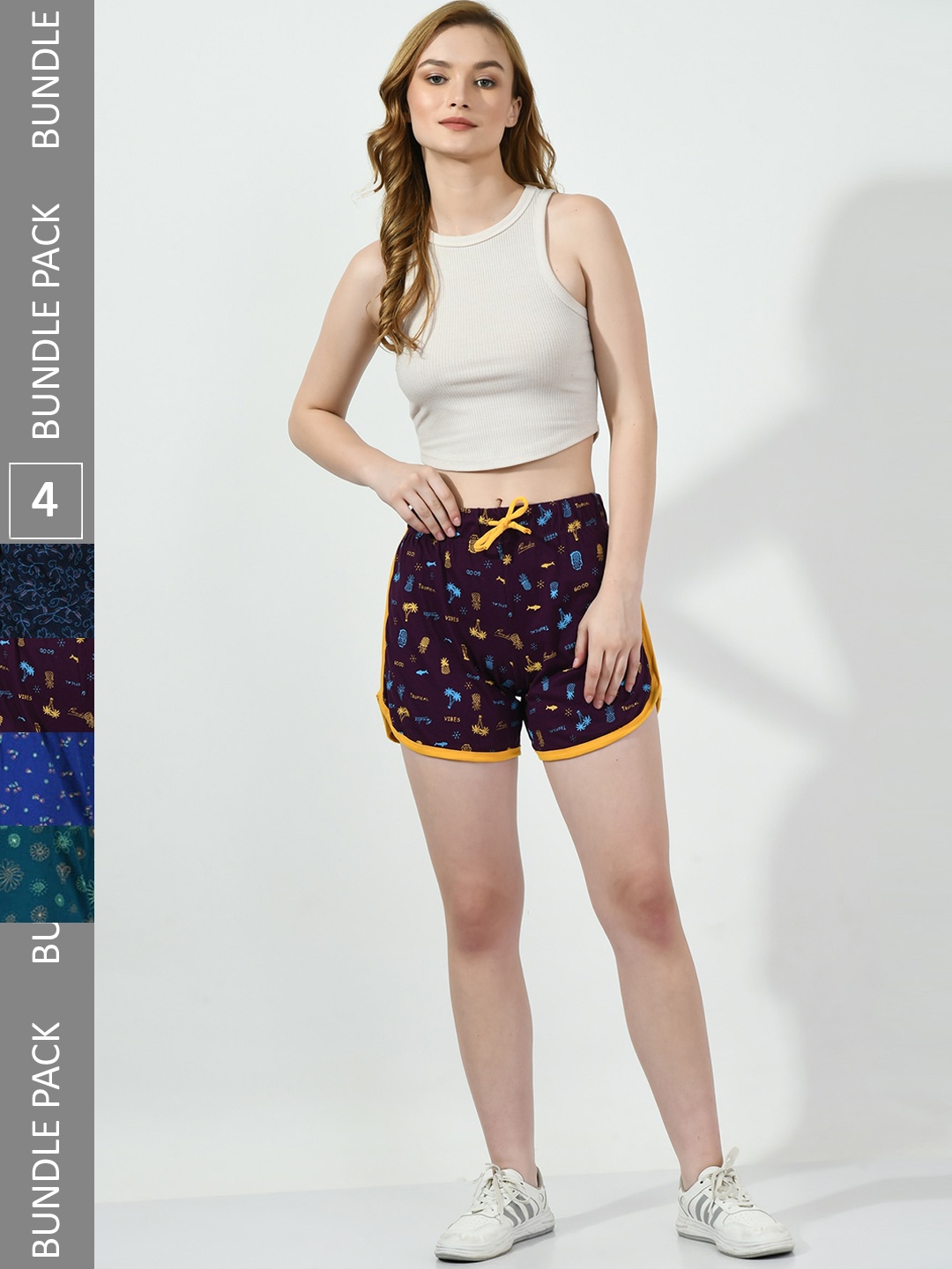 

BAESD Women Pack of 4 Printed High-Rise Cotton Shorts, Purple