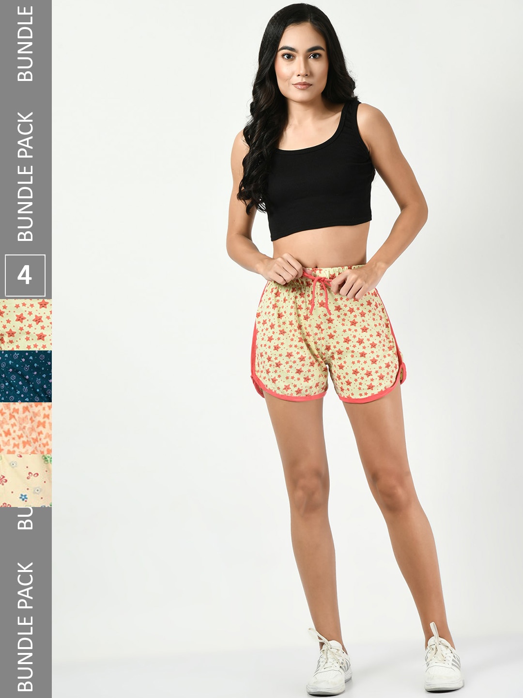 

BAESD Women Pack of 4 Printed High-Rise Cotton Shorts, Beige