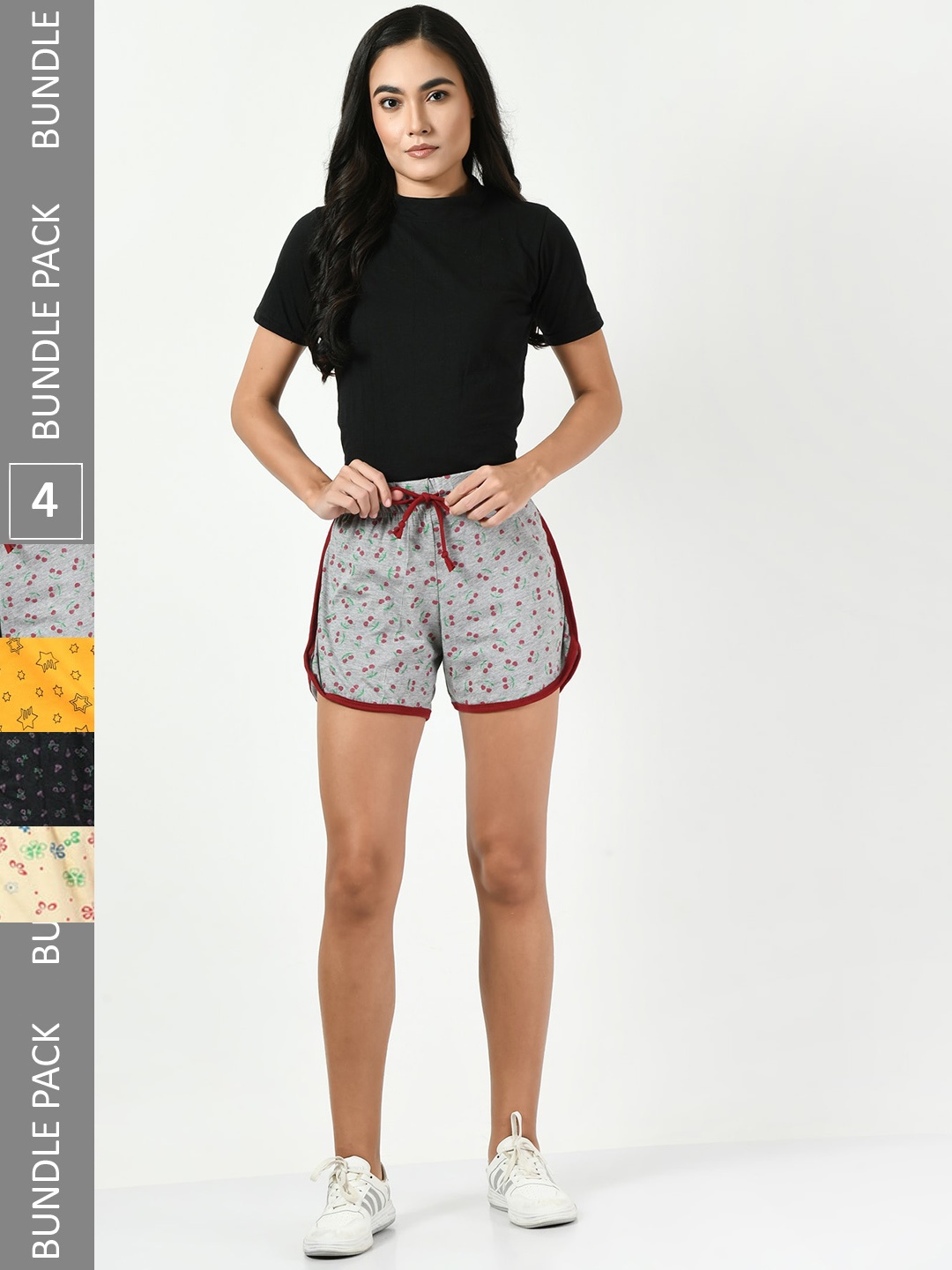 

BAESD Pack Of 4 Women Printed High-Rise Pure Cotton Shorts, Grey