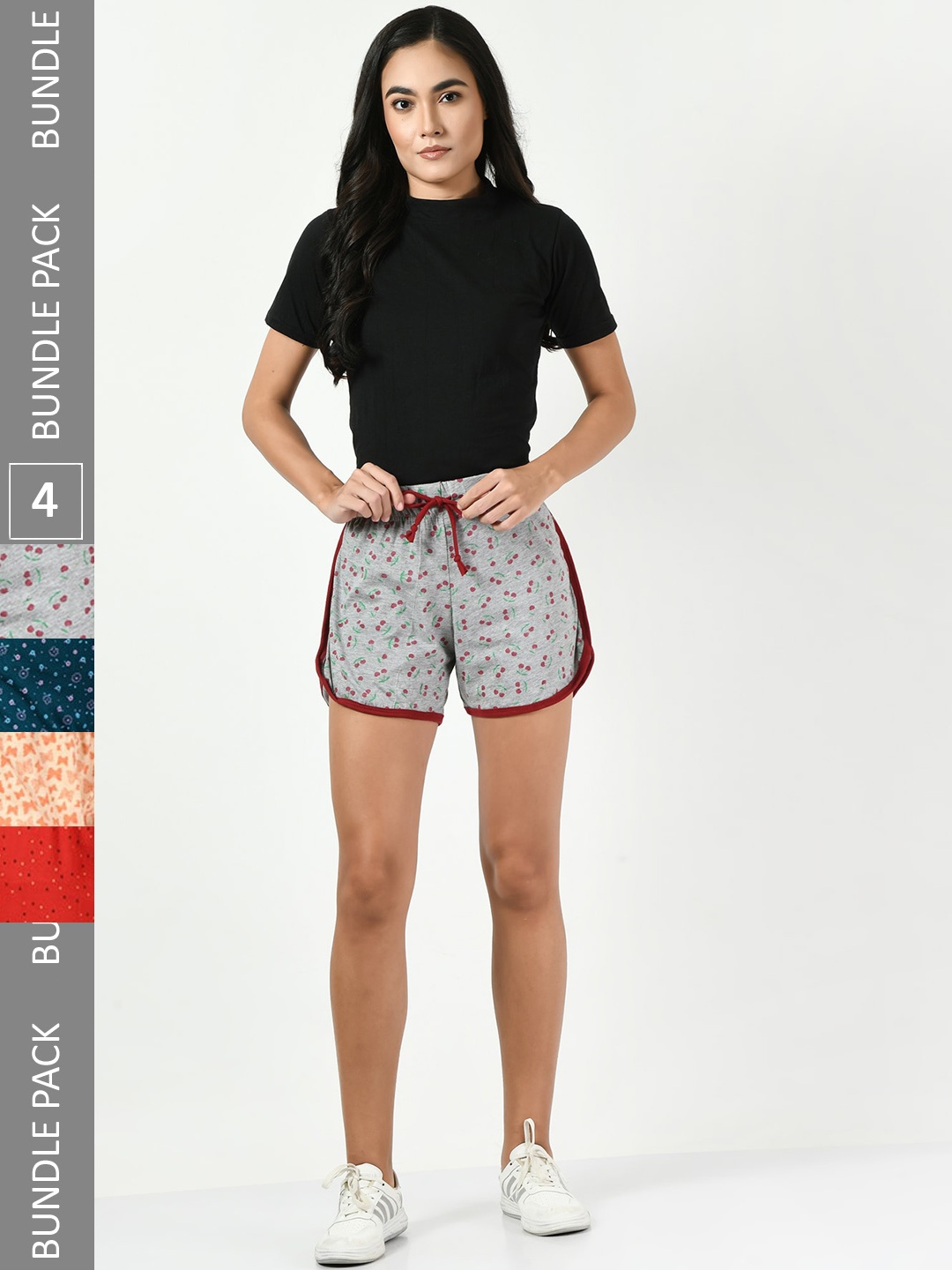 

BAESD Pack Of 4 Women Printed High-Rise Pure Cotton Shorts, Grey