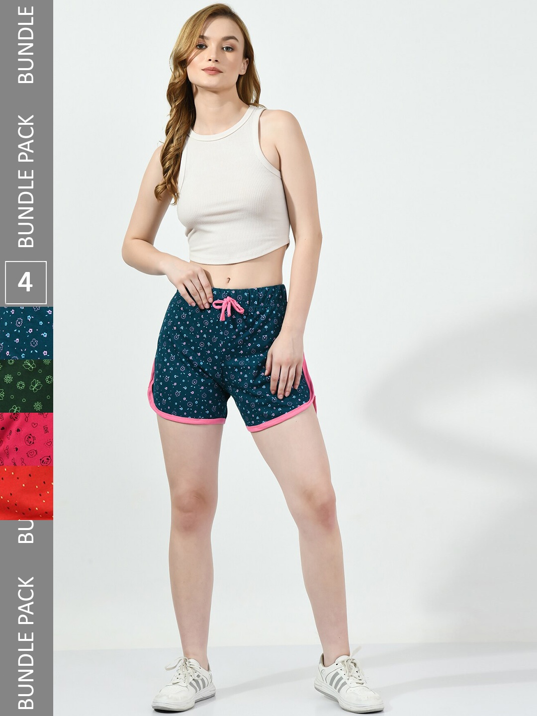 

BAESD Pack Of 4 Women Printed High-Rise Pure Cotton Shorts, Teal