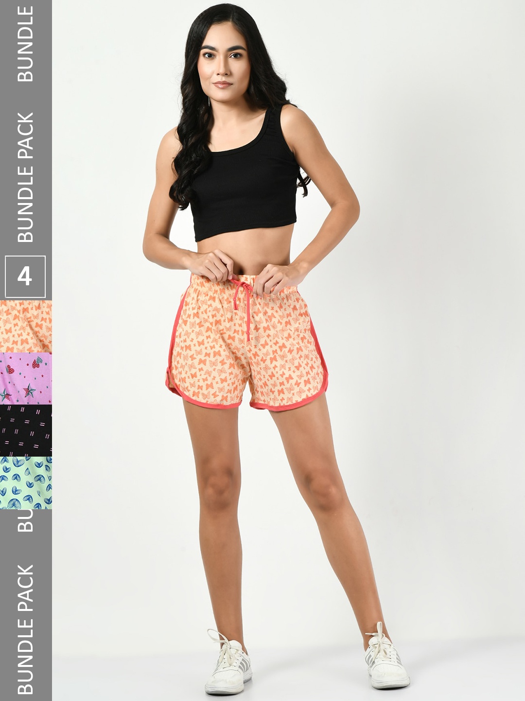 

BAESD Pack Of 4 Women Printed High-Rise Pure Cotton Shorts, Peach