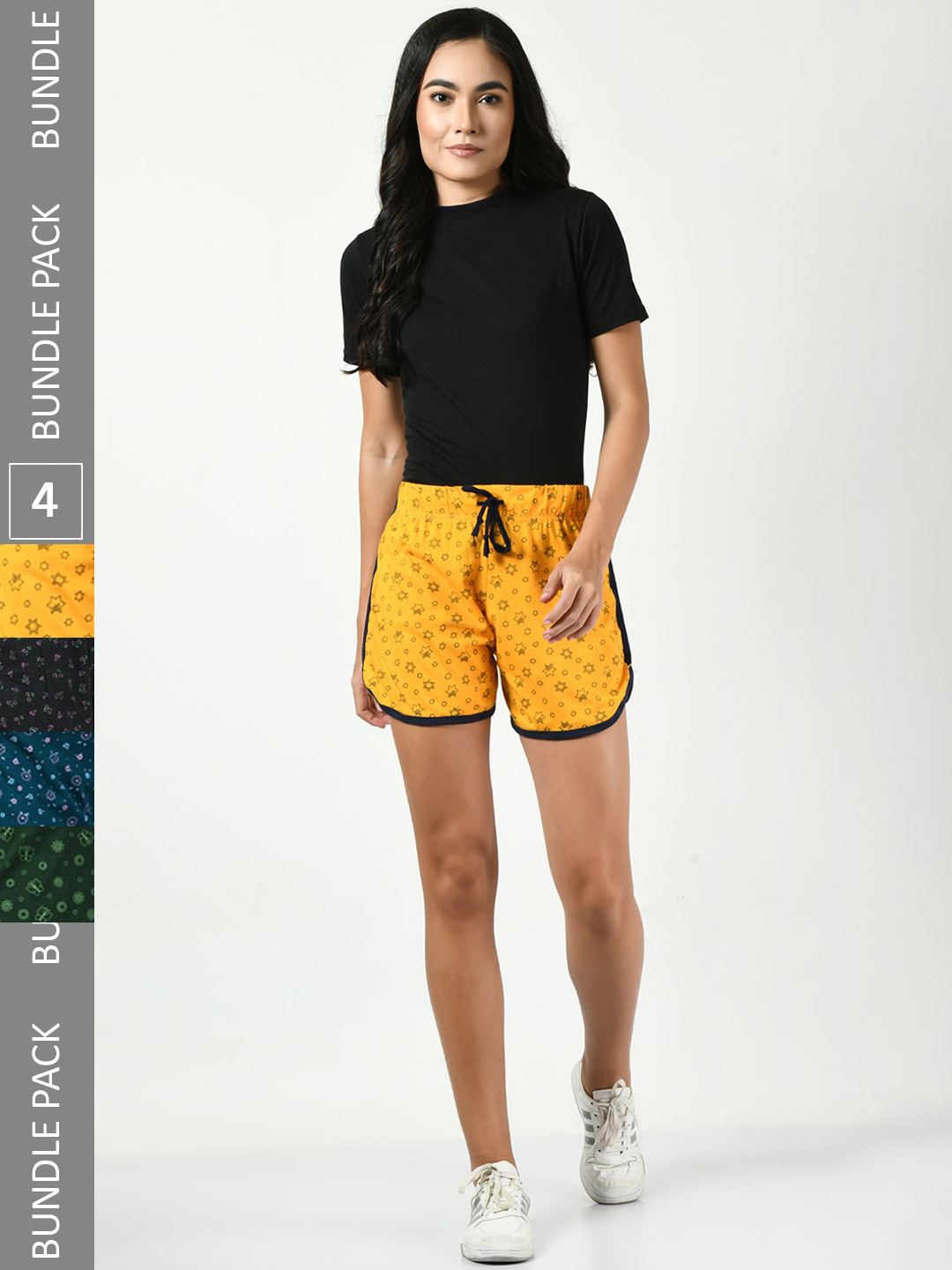 

BAESD Pack Of 4 Women Printed High-Rise Pure Cotton Shorts, Yellow