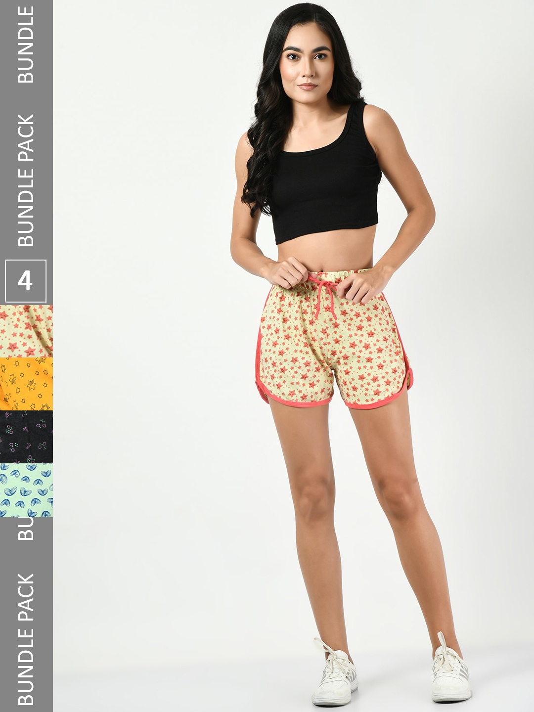 

BAESD Pack Of 4 Women Printed High-Rise Pure Cotton Shorts, Yellow