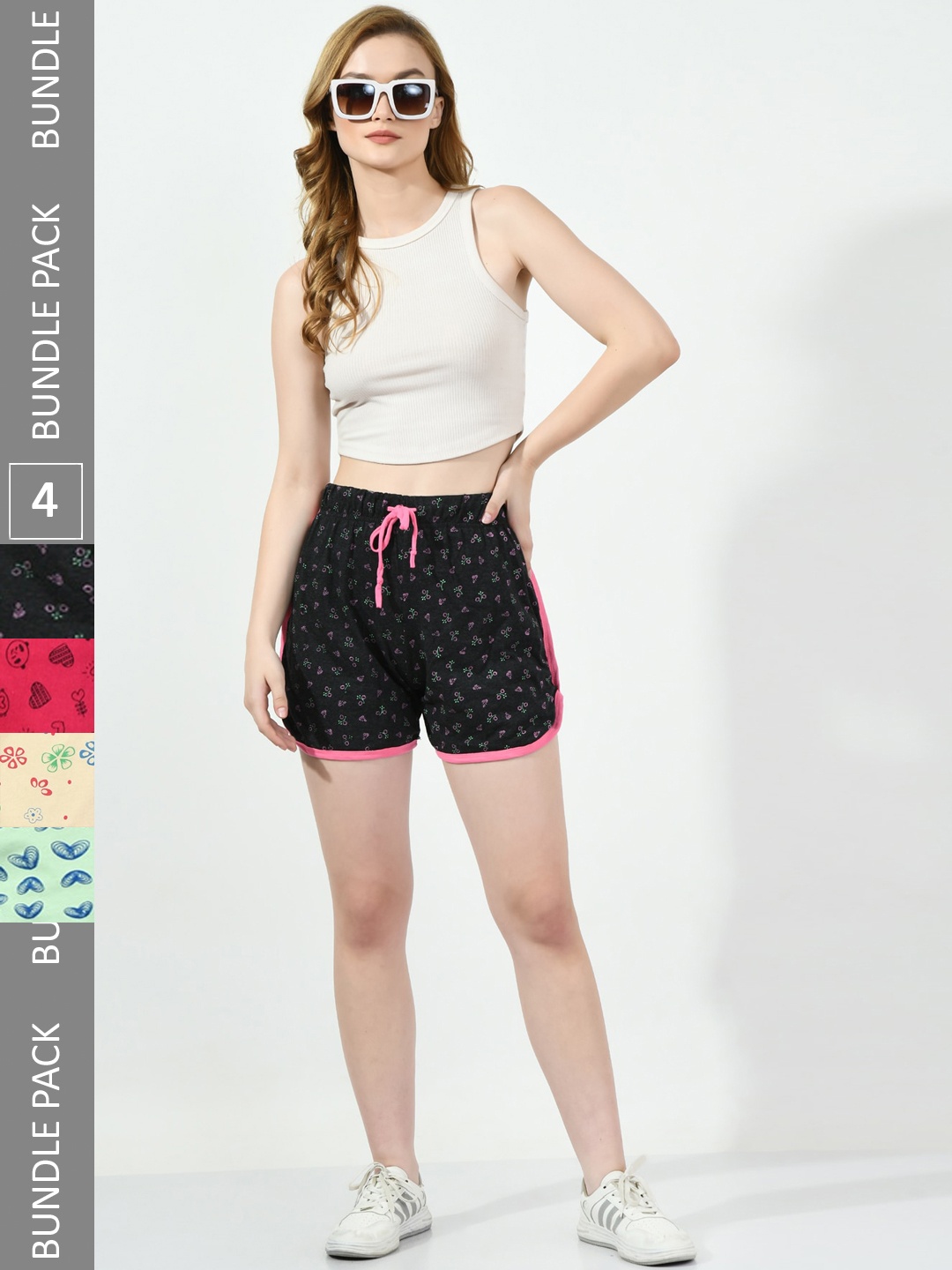 

BAESD Pack Of 4 Women Printed High-Rise Pure Cotton Shorts, Black