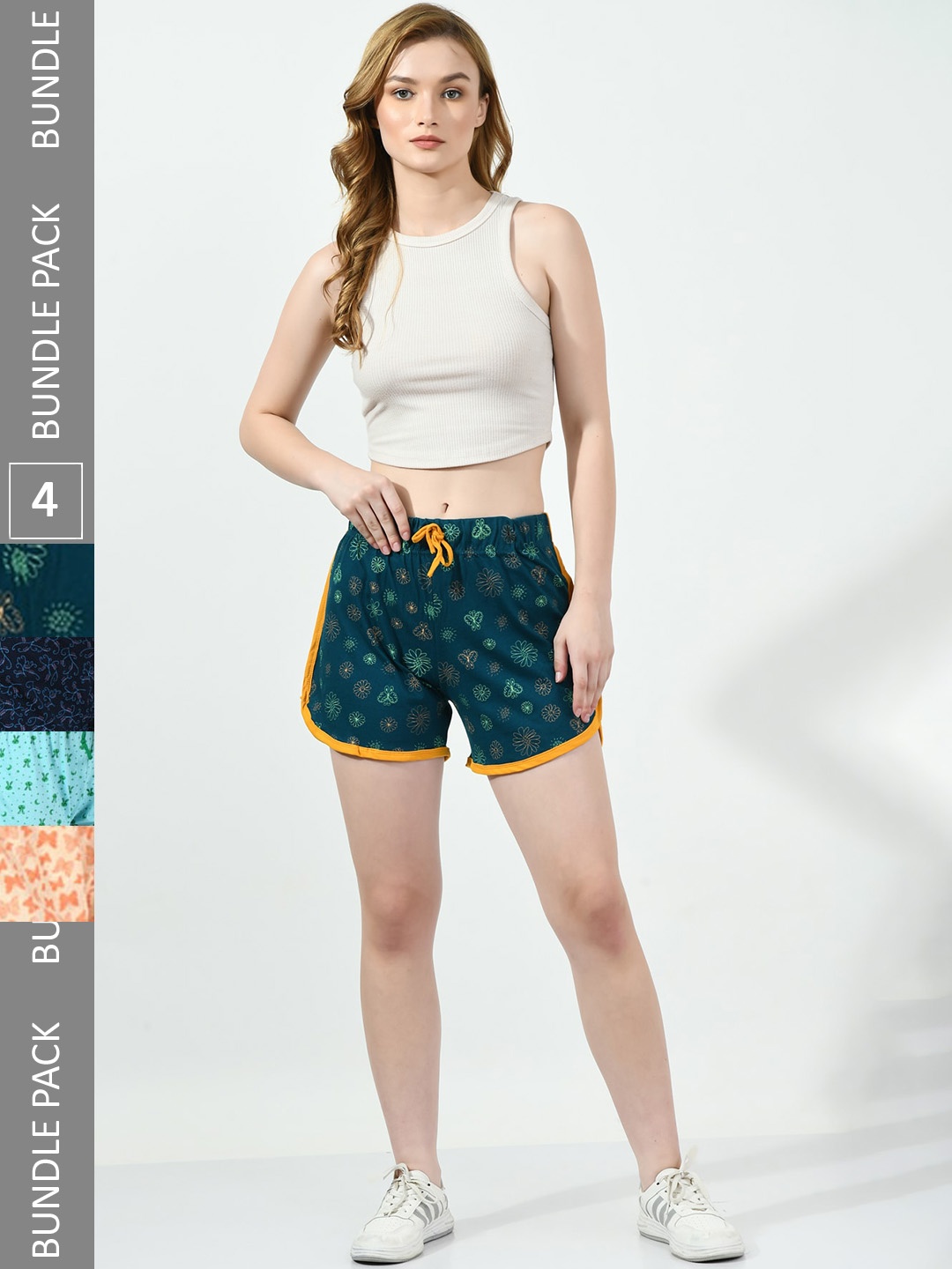 

BAESD Pack Of 4 Printed High-Rise Pure Cotton Casual Shorts, Green
