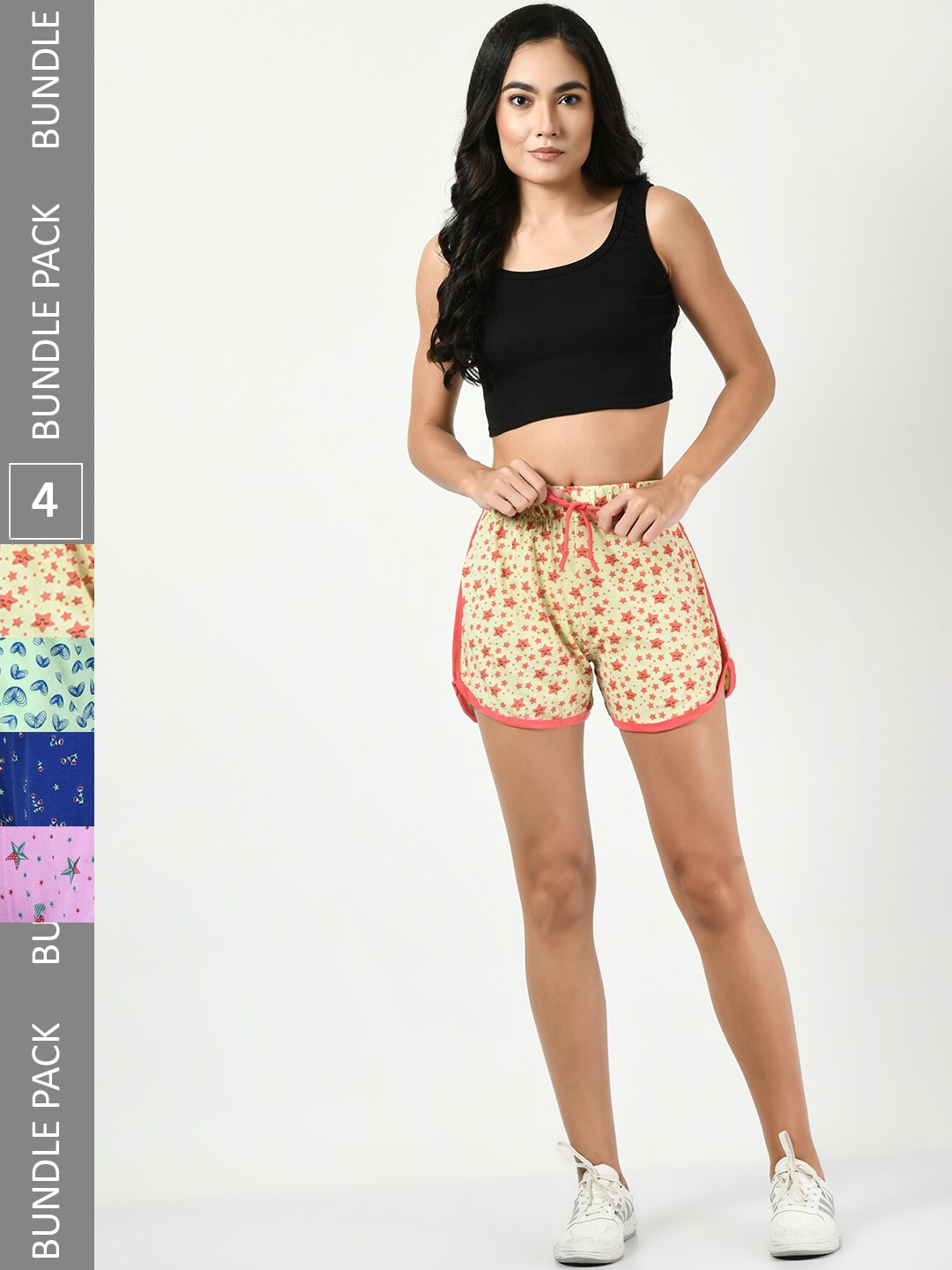 

BAESD Pack Of 4 Printed High-Rise Pure Cotton Casual Shorts, Yellow