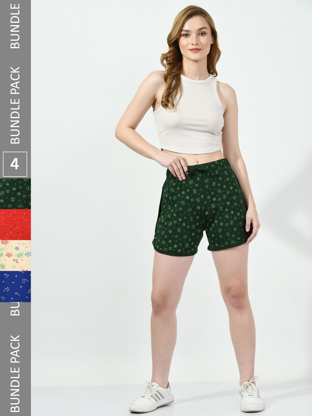 

BAESD Pack Of 4 Printed High-Rise Pure Cotton Casual Shorts, Green