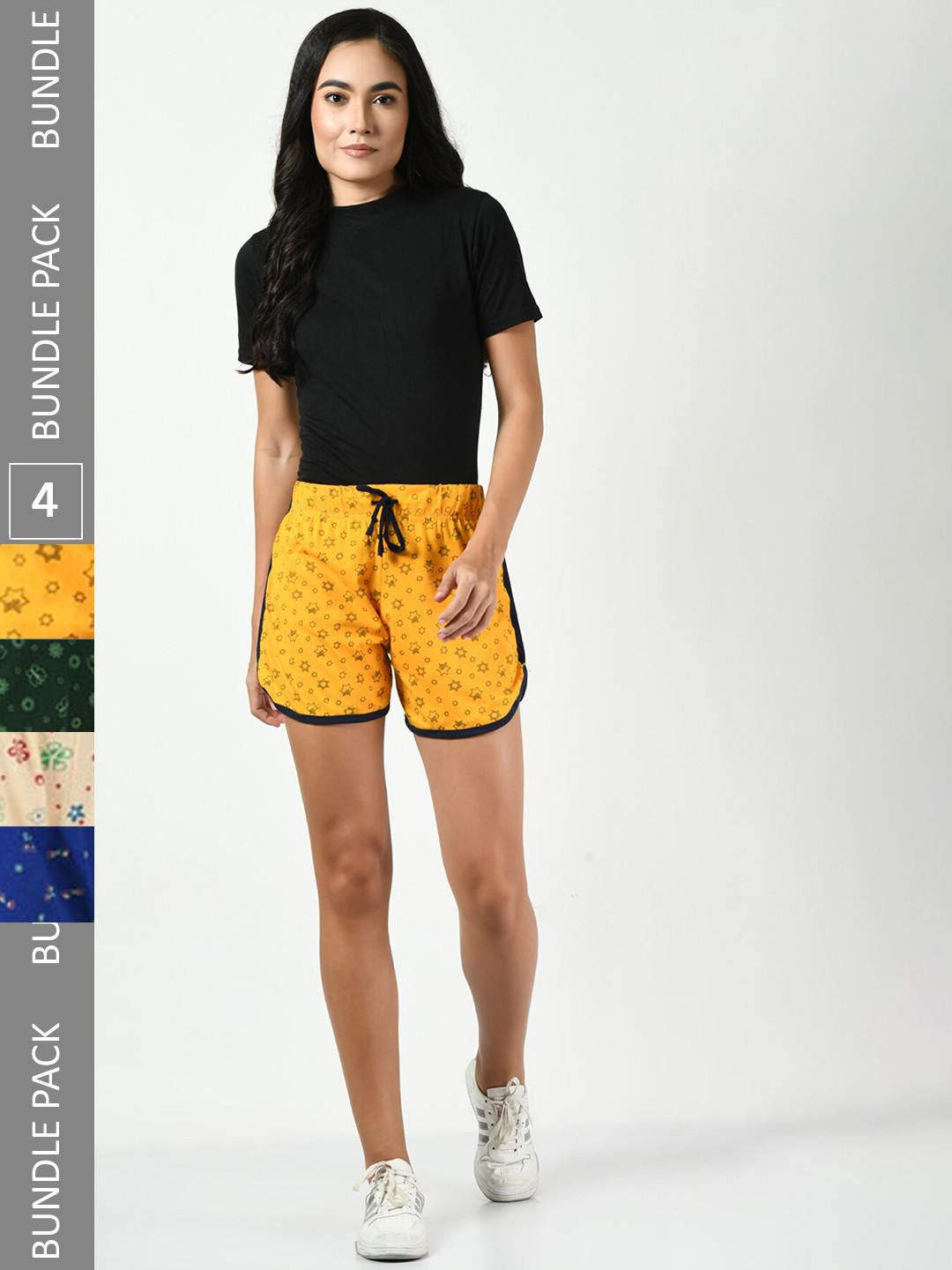 

BAESD Pack Of 4 Printed High-Rise Pure Cotton Casual Shorts, Yellow