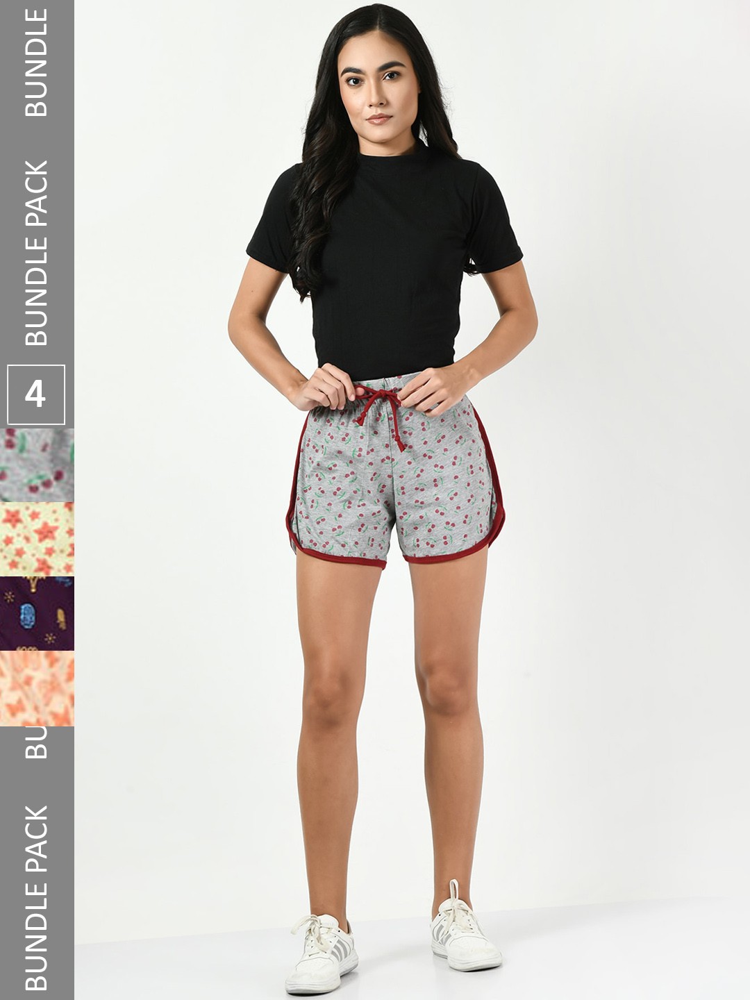 

BAESD Women Pack of 4 Printed High-Rise Regular Fit Regular Cotton Shorts, Grey