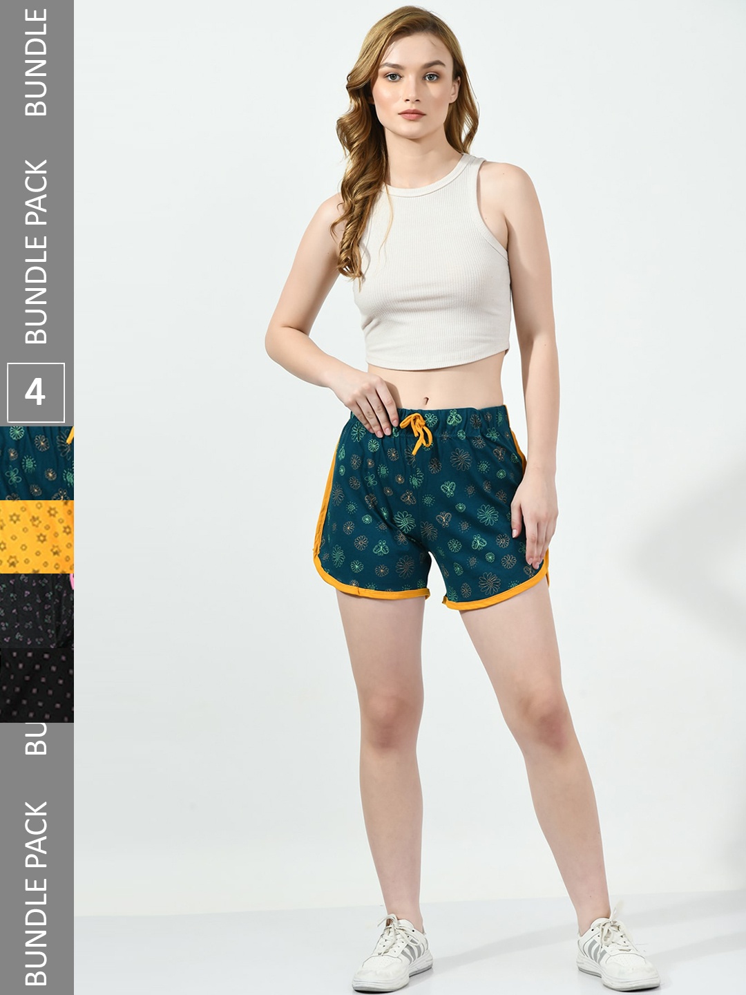 

BAESD Women Pack of 4 Printed High-Rise Regular Fit Regular Cotton Shorts, Green