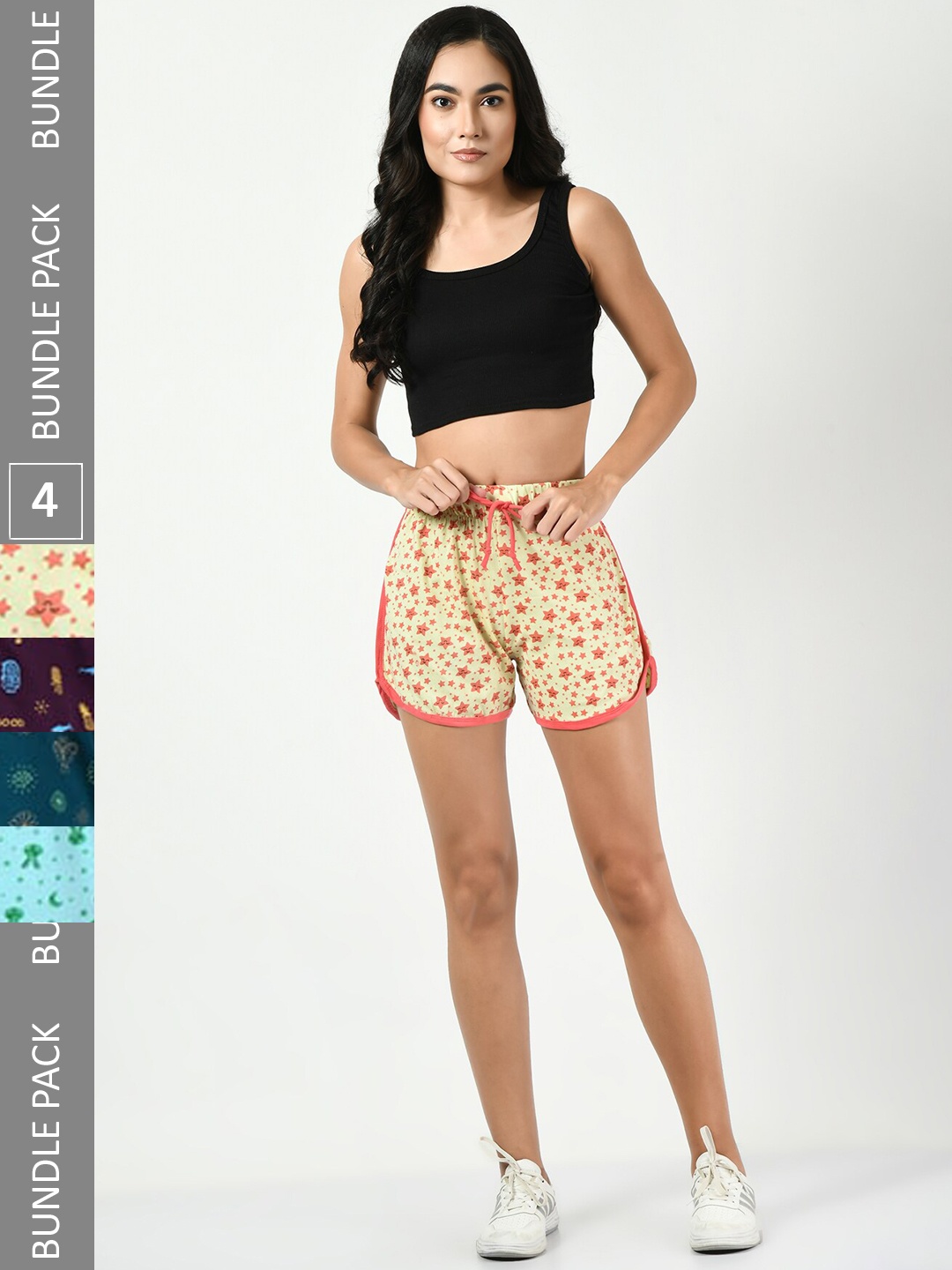 

BAESD Women Pack of 4 Printed High-Rise Regular Fit Regular Cotton Shorts, Yellow