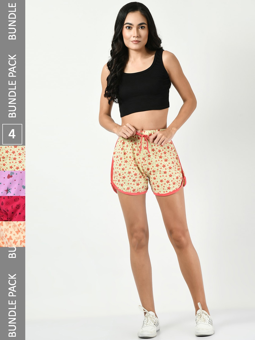 

BAESD Women Pack Of 4 High-Rise Floral Printed Pure Cotton Shorts, Yellow