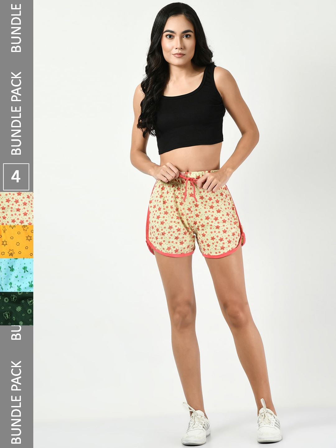 

BAESD Women Pack Of 4 High-Rise Floral Printed Pure Cotton Shorts, Yellow