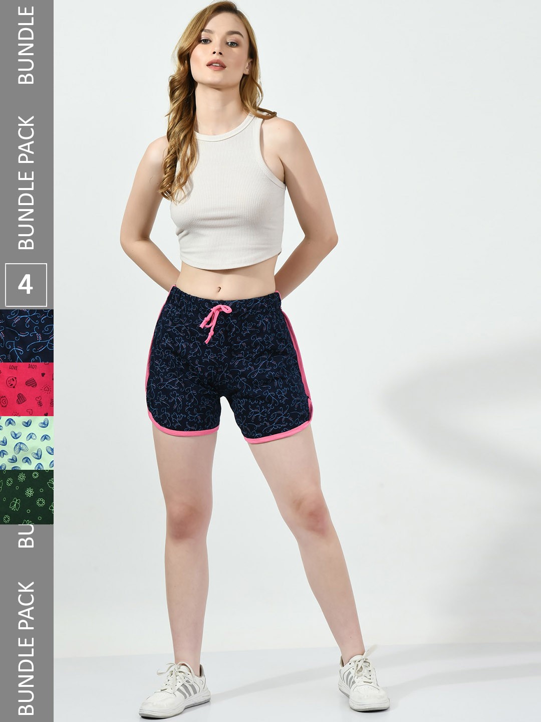 

BAESD Women Pack Of 4 High-Rise Floral Printed Pure Cotton Shorts, Navy blue